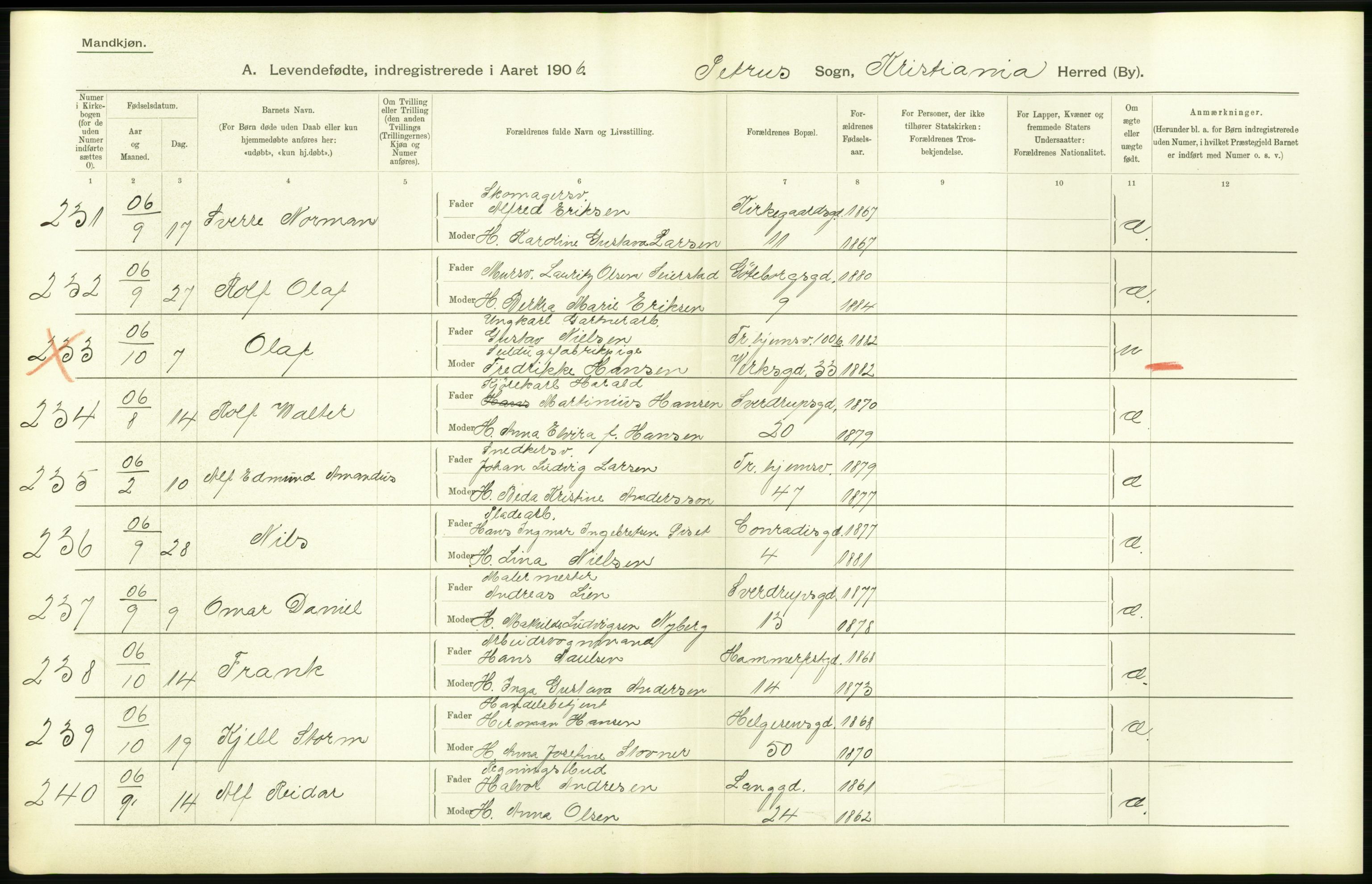 Statistisk sentralbyrå, Sosiodemografiske emner, Befolkning, AV/RA-S-2228/D/Df/Dfa/Dfad/L0007: Kristiania: Levendefødte menn og kvinner., 1906, p. 682