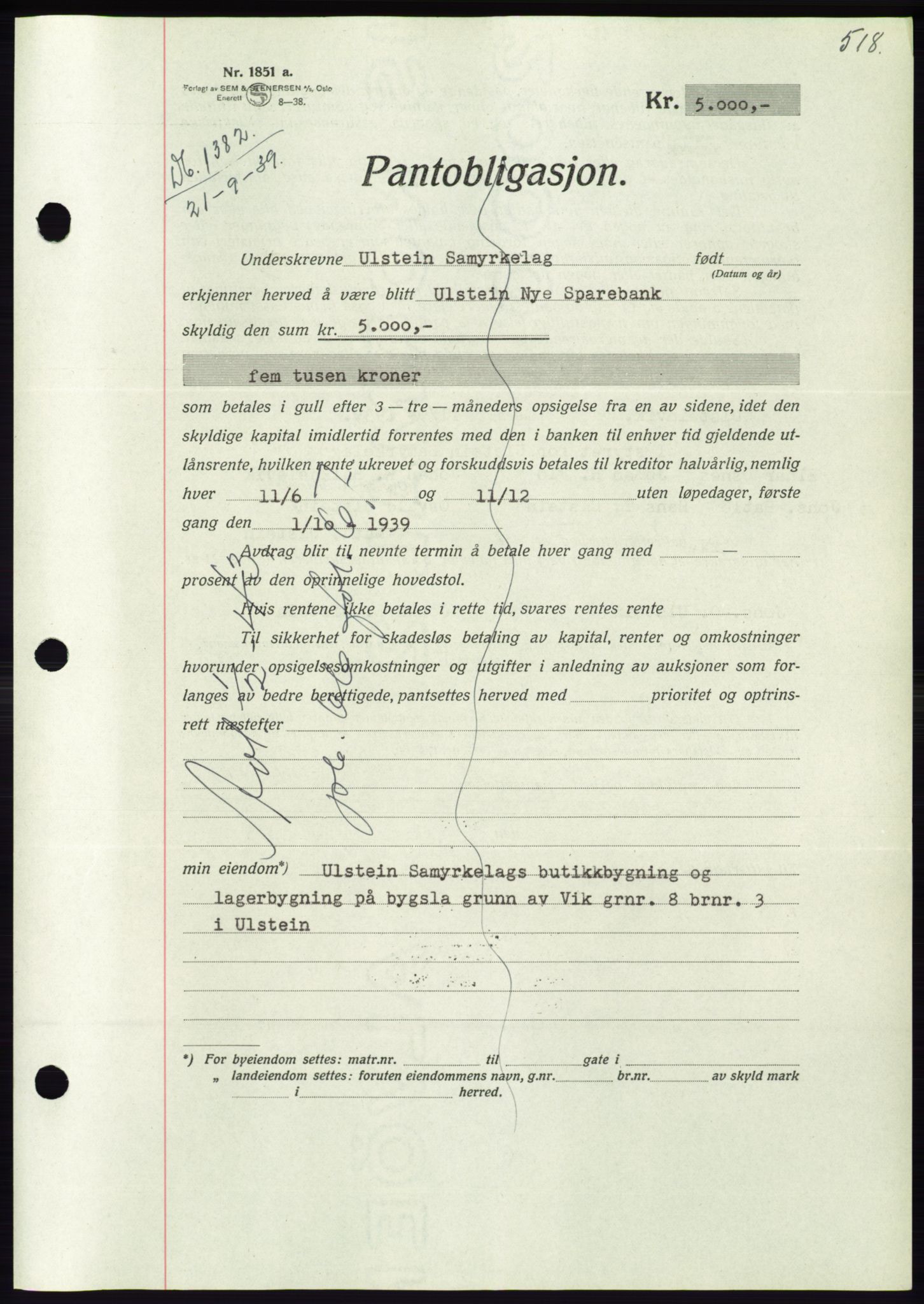 Søre Sunnmøre sorenskriveri, AV/SAT-A-4122/1/2/2C/L0068: Mortgage book no. 62, 1939-1939, Diary no: : 1382/1939