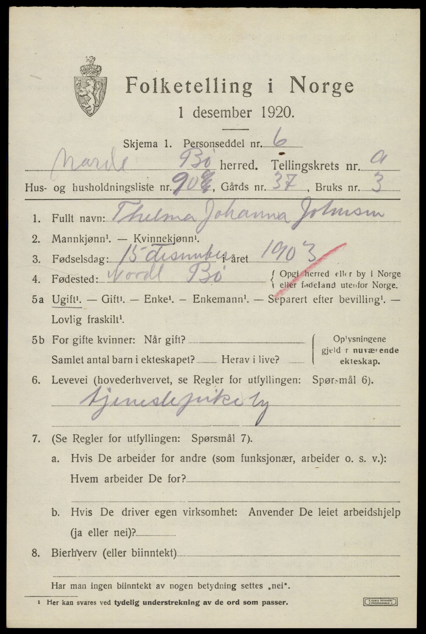 SAT, 1920 census for Bø, 1920, p. 8512