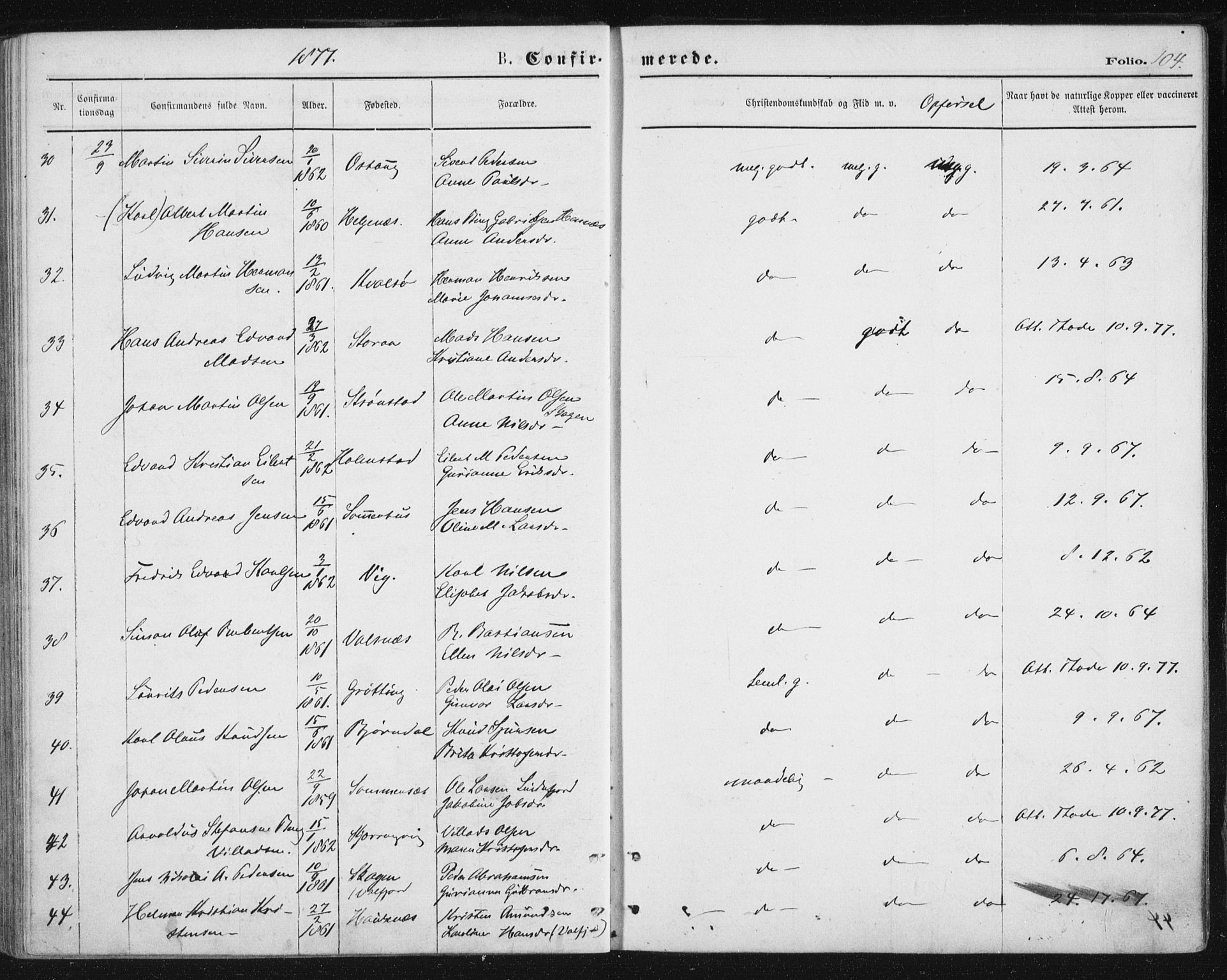 Ministerialprotokoller, klokkerbøker og fødselsregistre - Nordland, AV/SAT-A-1459/888/L1243: Parish register (official) no. 888A09, 1876-1879, p. 104