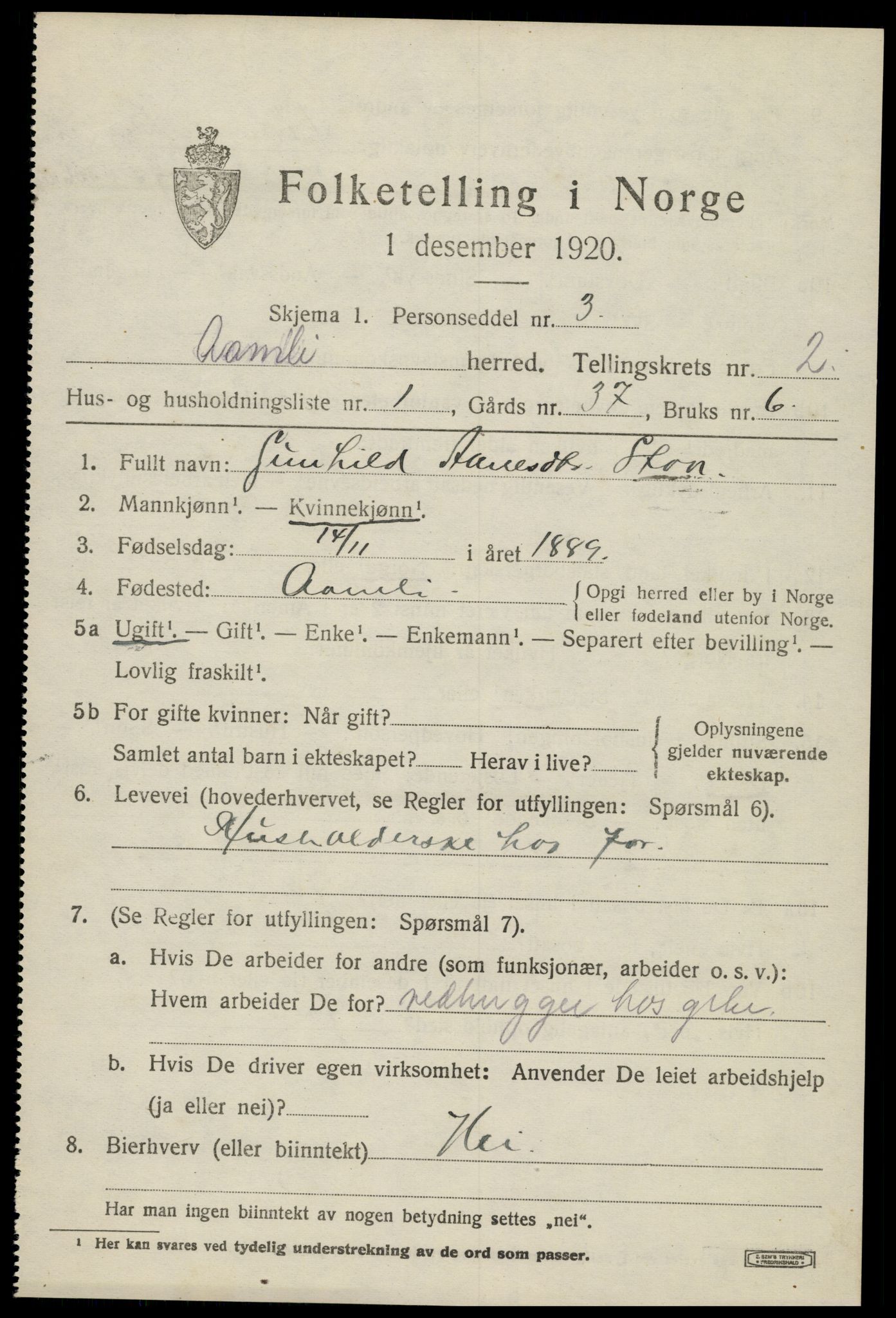 SAK, 1920 census for Åmli, 1920, p. 905