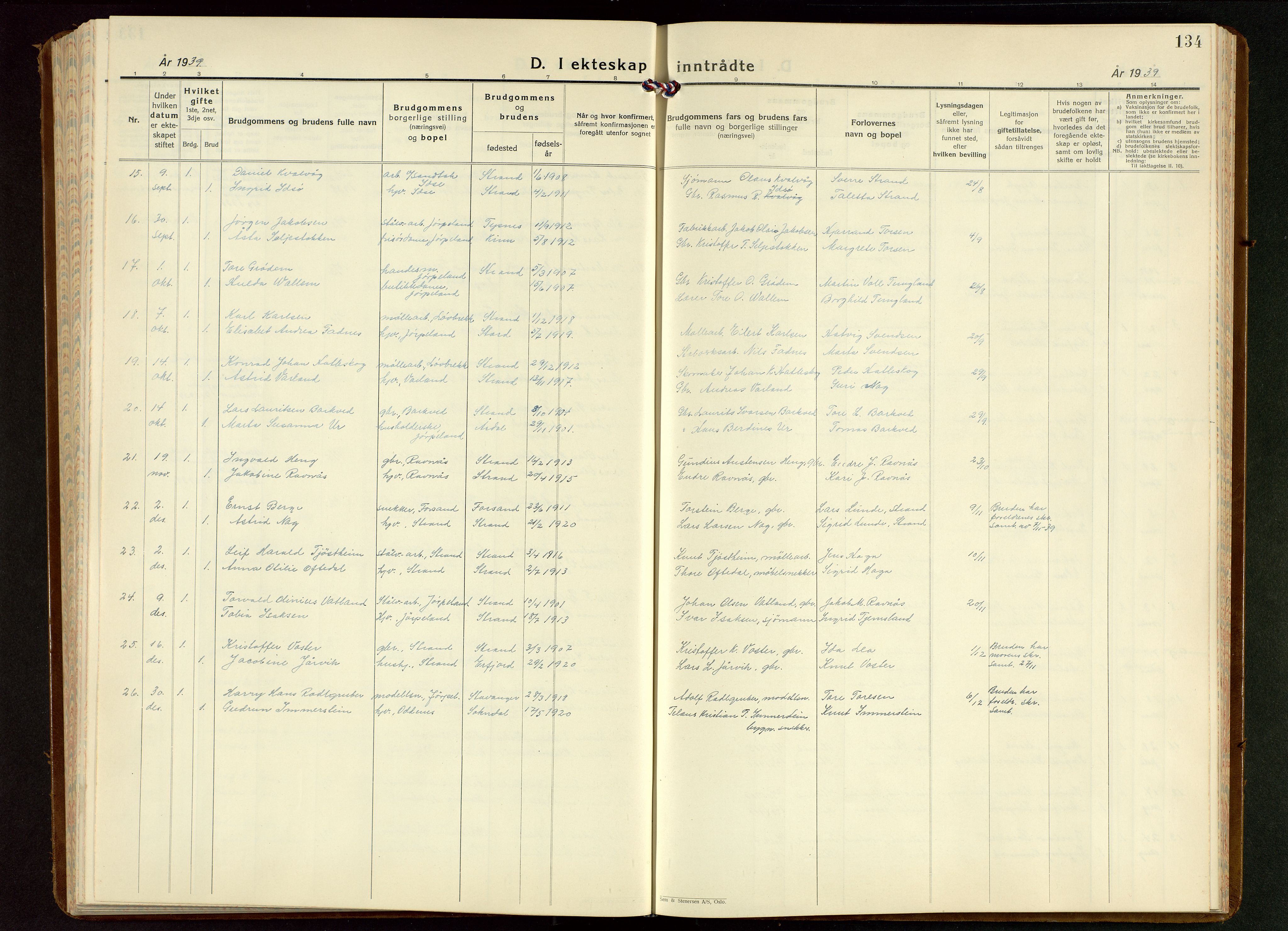 Strand sokneprestkontor, AV/SAST-A-101828/H/Ha/Hab/L0006: Parish register (copy) no. B 6, 1933-1950, p. 134