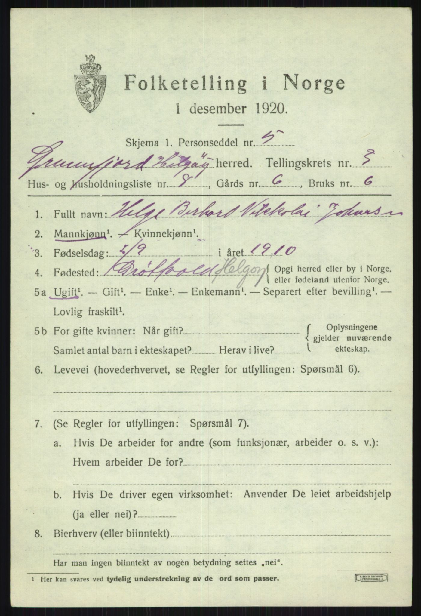 SATØ, 1920 census for Helgøy, 1920, p. 1477