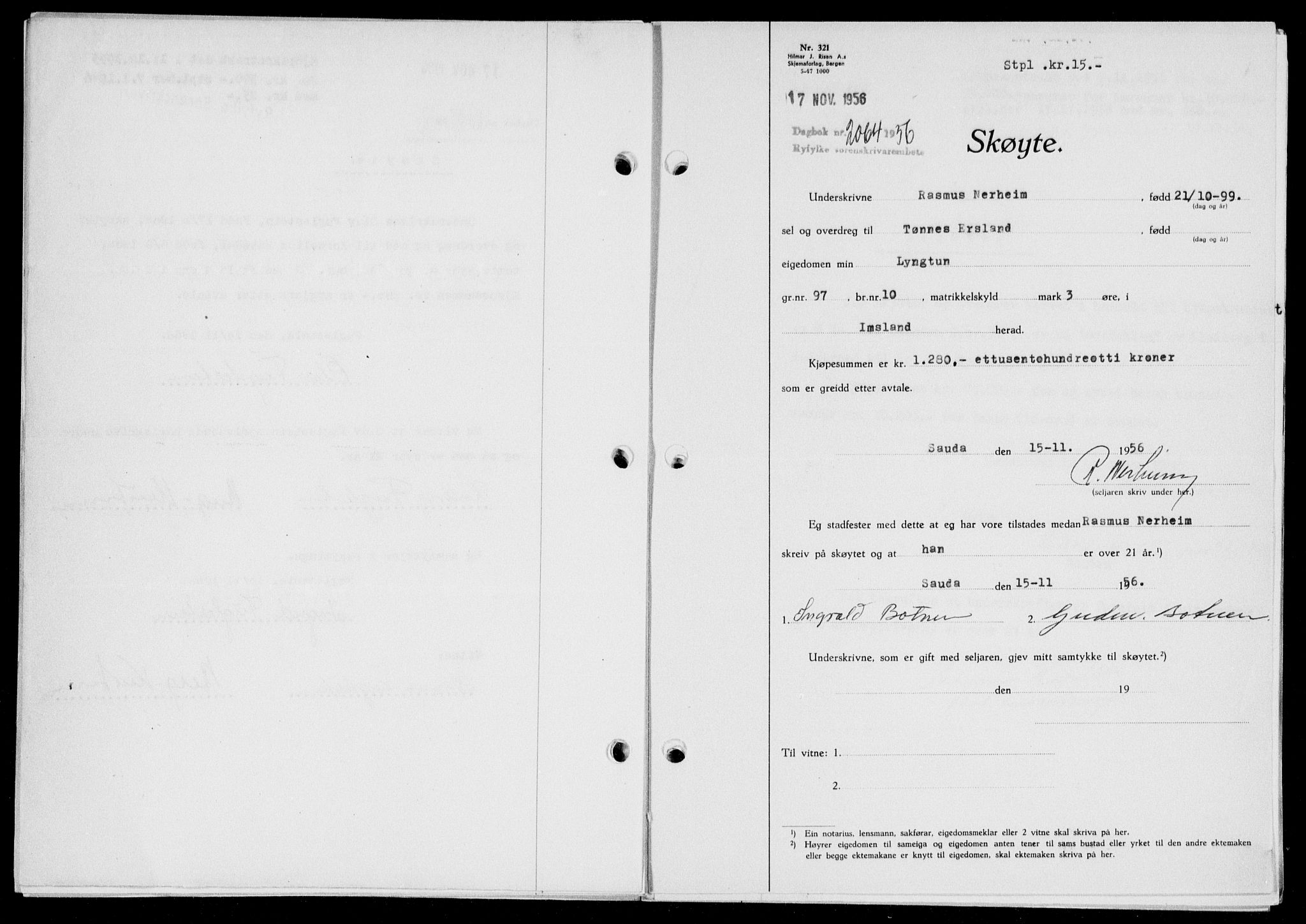 Ryfylke tingrett, AV/SAST-A-100055/001/II/IIB/L0135: Mortgage book no. 114, 1956-1957, Diary no: : 2064/1956