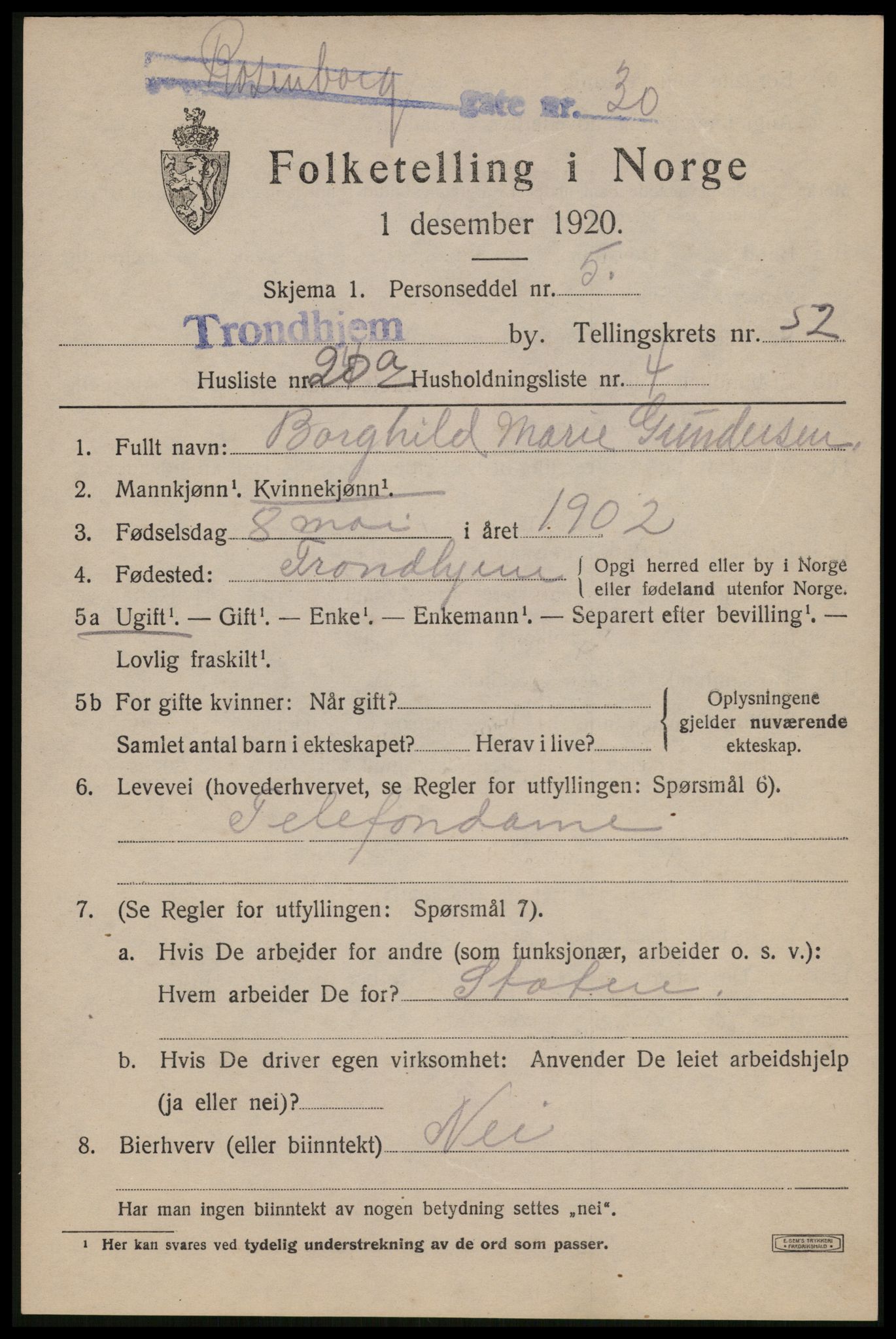 SAT, 1920 census for Trondheim, 1920, p. 107680