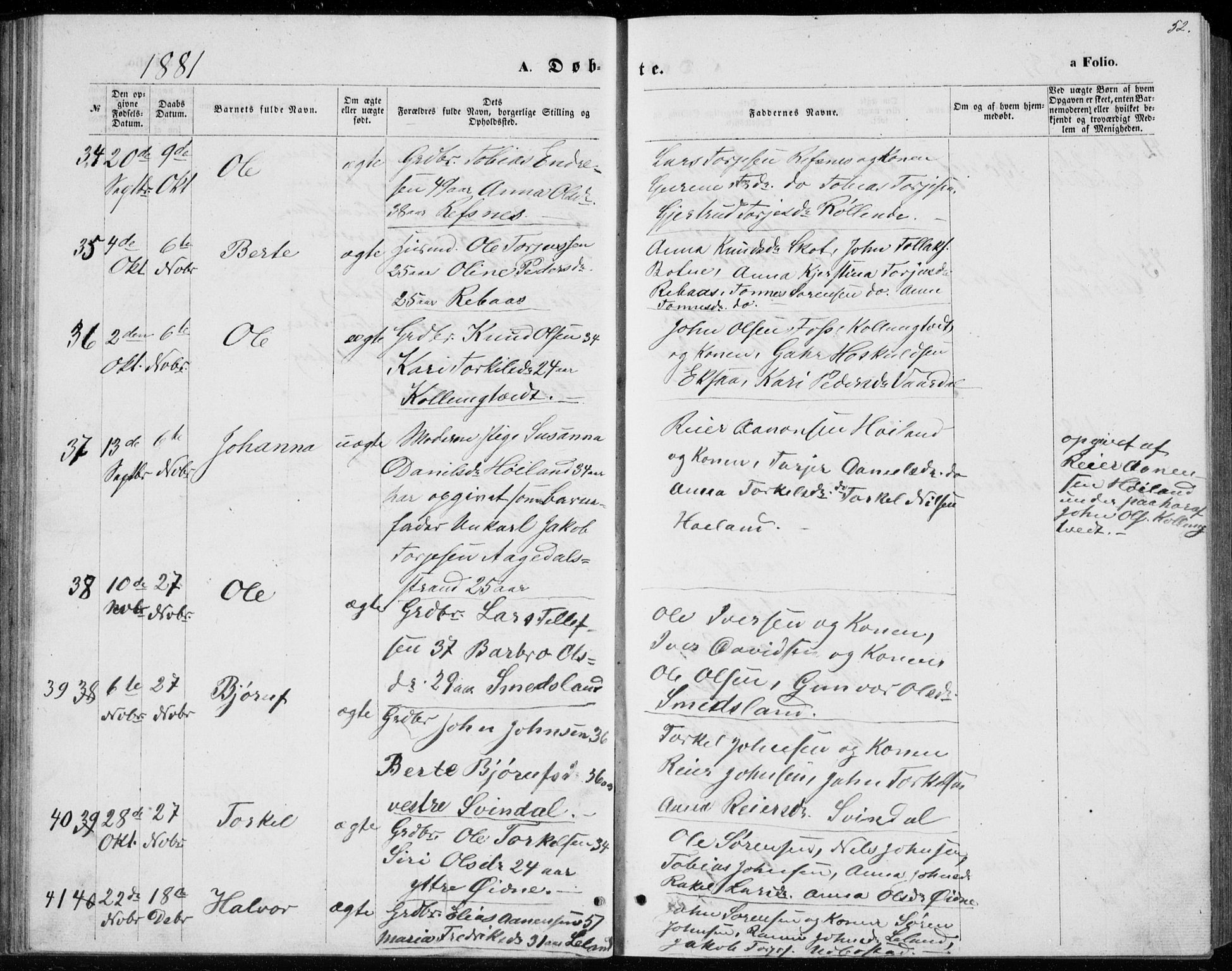 Bjelland sokneprestkontor, AV/SAK-1111-0005/F/Fb/Fbc/L0002: Parish register (copy) no. B 2, 1867-1887, p. 52