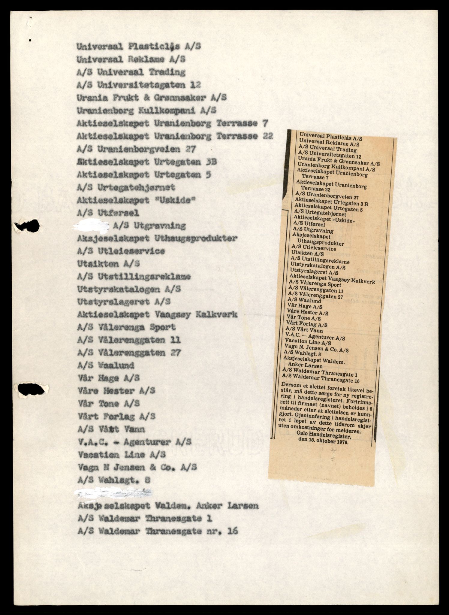 Oslo byfogd, Handelsregisteret, SAT/A-10867/G/Gb/Gbb/L0129: Registreringsmeldinger, slettet etter firmalovens §24, U-Ø, 1978-1979, p. 3
