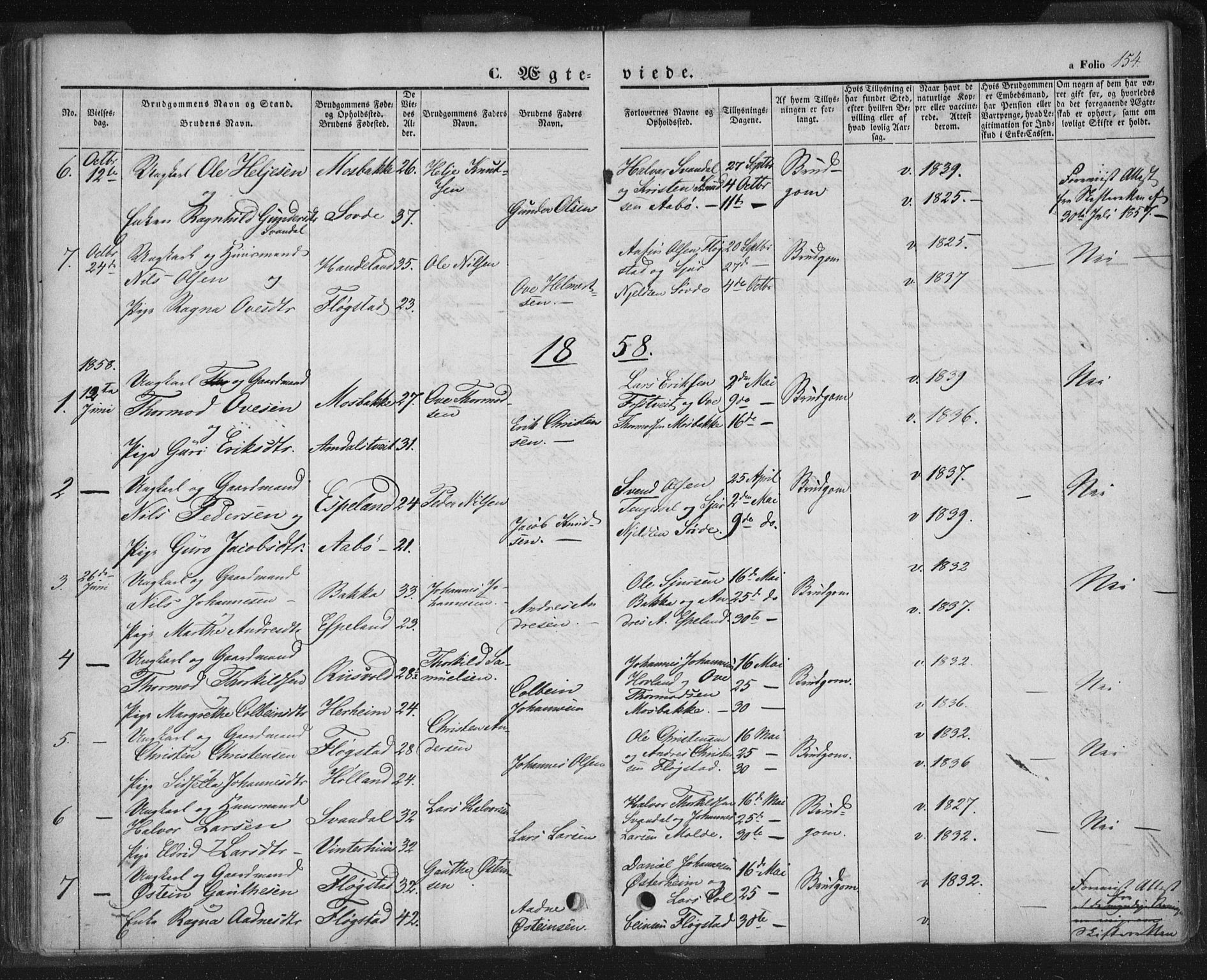 Sand sokneprestkontor, AV/SAST-A-101848/01/III/L0002: Parish register (official) no. A 2, 1838-1859, p. 154