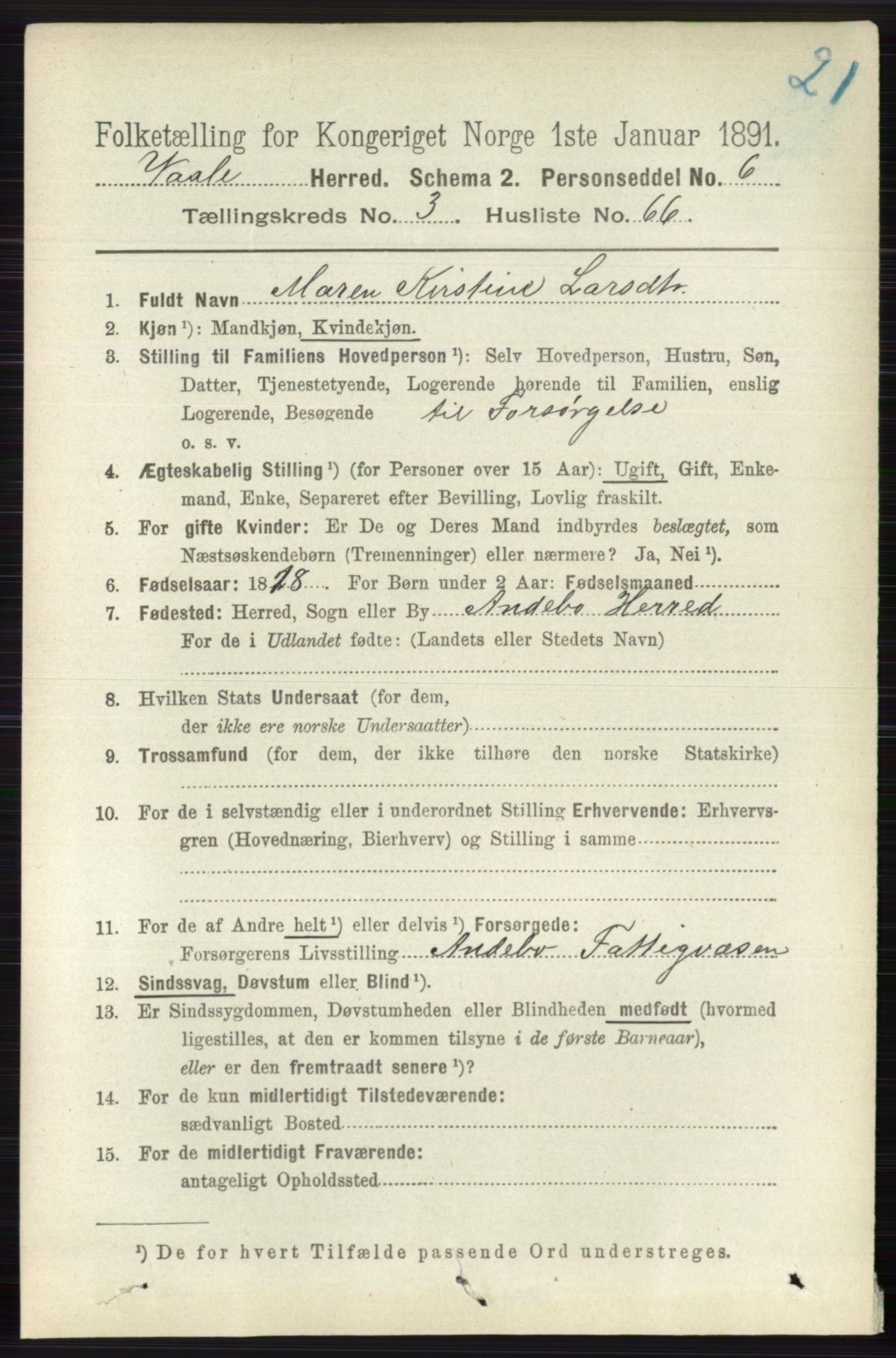 RA, 1891 census for 0716 Våle, 1891, p. 932