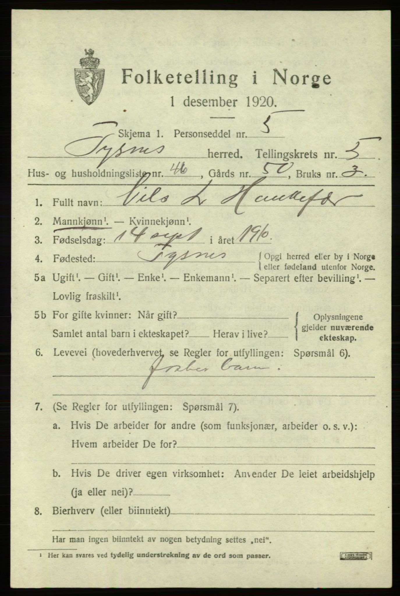 SAB, 1920 census for Tysnes, 1920, p. 4360