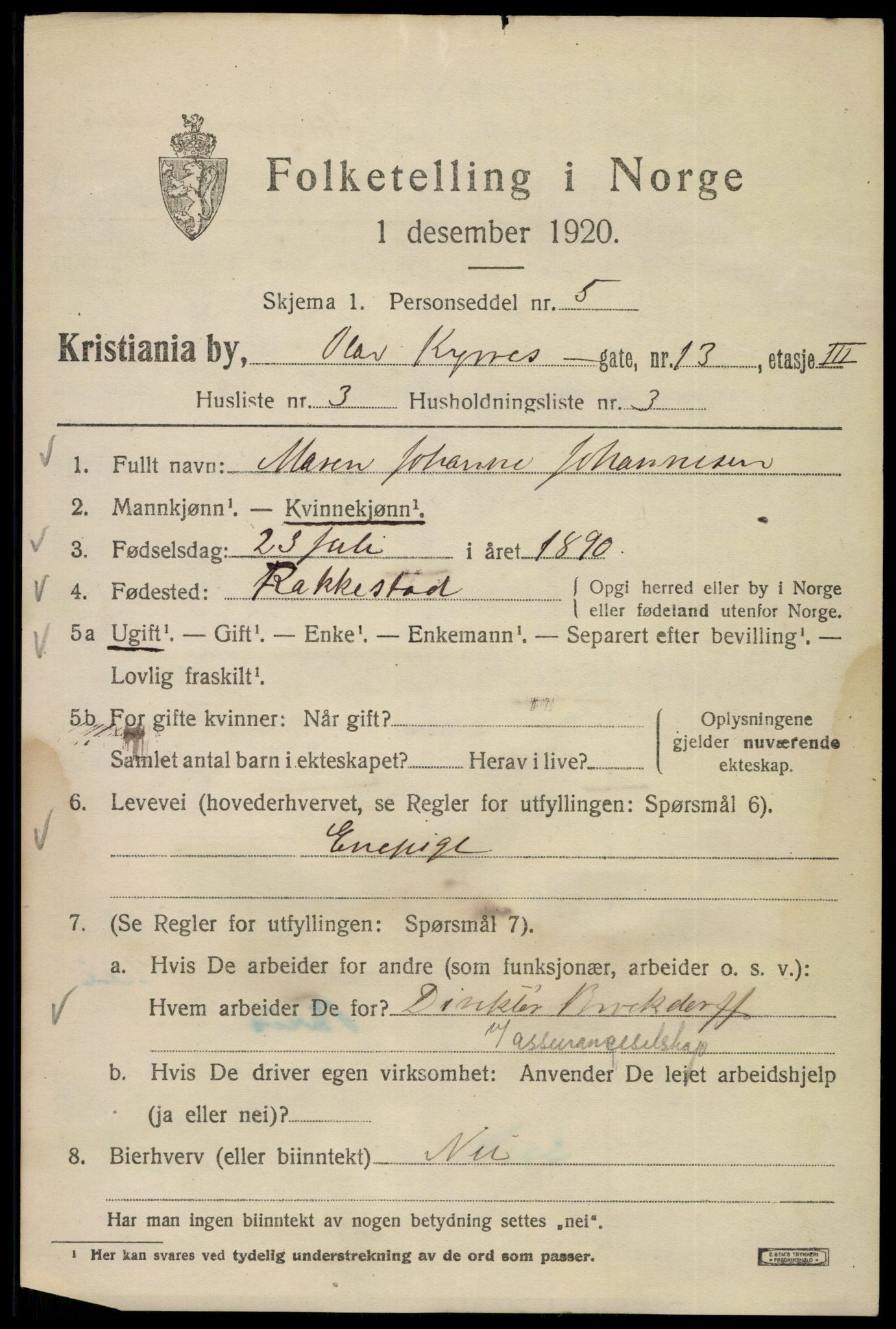 SAO, 1920 census for Kristiania, 1920, p. 432845