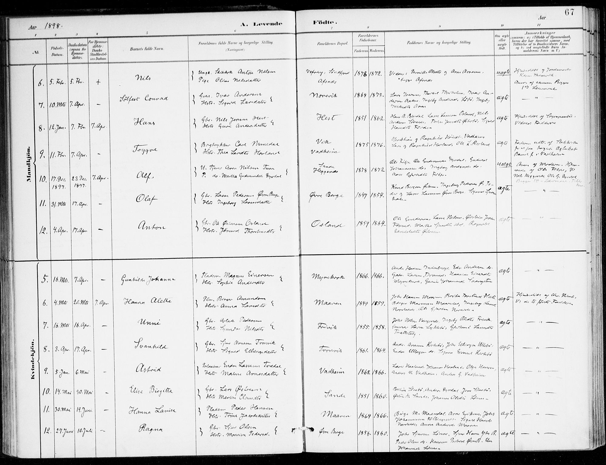 Lavik sokneprestembete, SAB/A-80901: Parish register (official) no. C 1, 1882-1904, p. 67