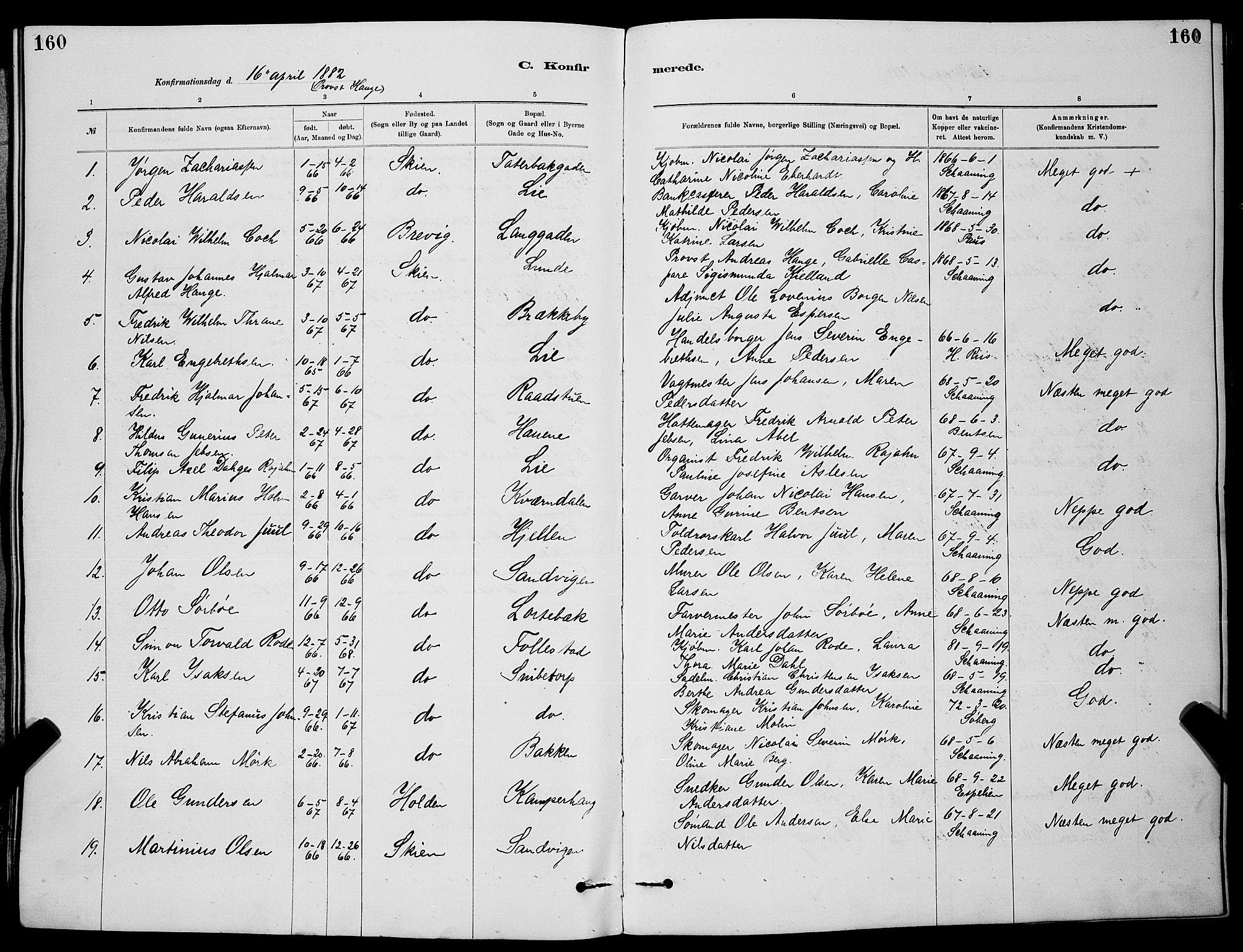 Skien kirkebøker, SAKO/A-302/G/Ga/L0006: Parish register (copy) no. 6, 1881-1890, p. 160