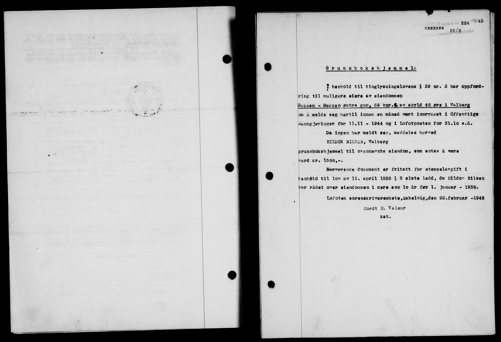 Lofoten sorenskriveri, SAT/A-0017/1/2/2C/L0013a: Mortgage book no. 13a, 1944-1946, Diary no: : 224/1945