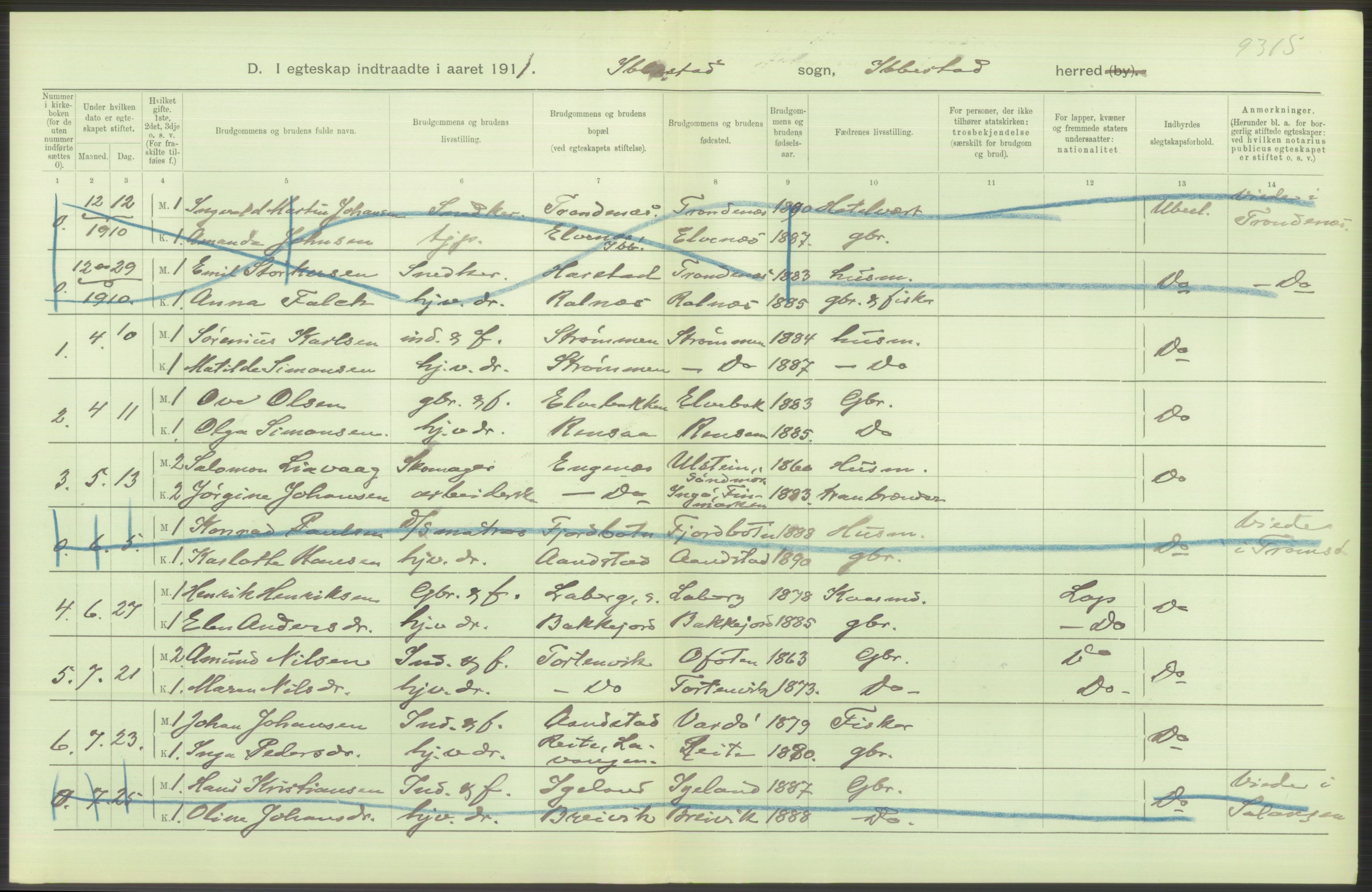 Statistisk sentralbyrå, Sosiodemografiske emner, Befolkning, AV/RA-S-2228/D/Df/Dfb/Dfba/L0048: Tromsø amt:  Gifte, døde, dødfødte. Bygder og byer., 1911, p. 154