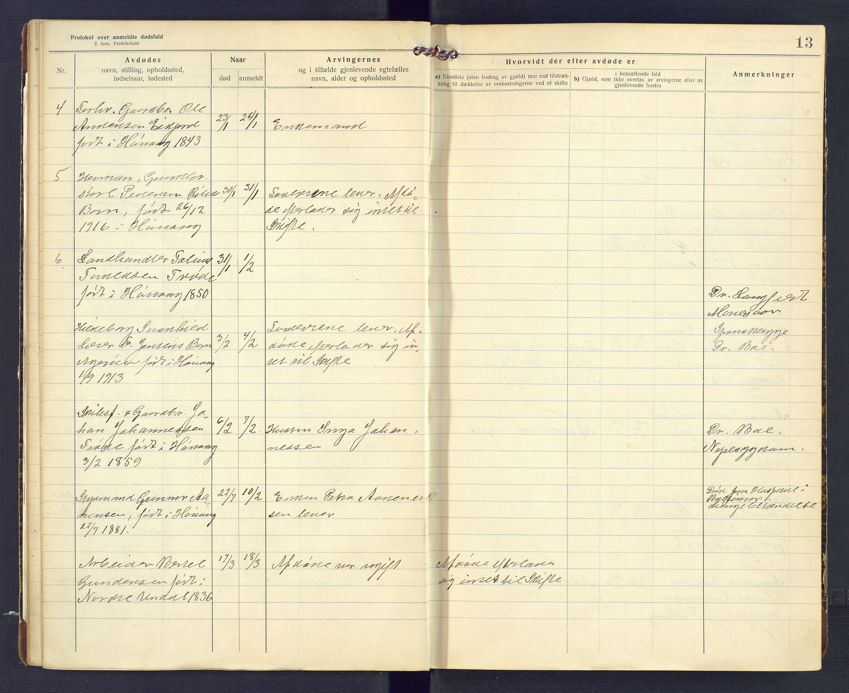 Høvåg lensmannskontor, AV/SAK-1241-0024/F/Fe/L0041: Protokoll over anmeldte dødsfall, 1916-1933, p. 13