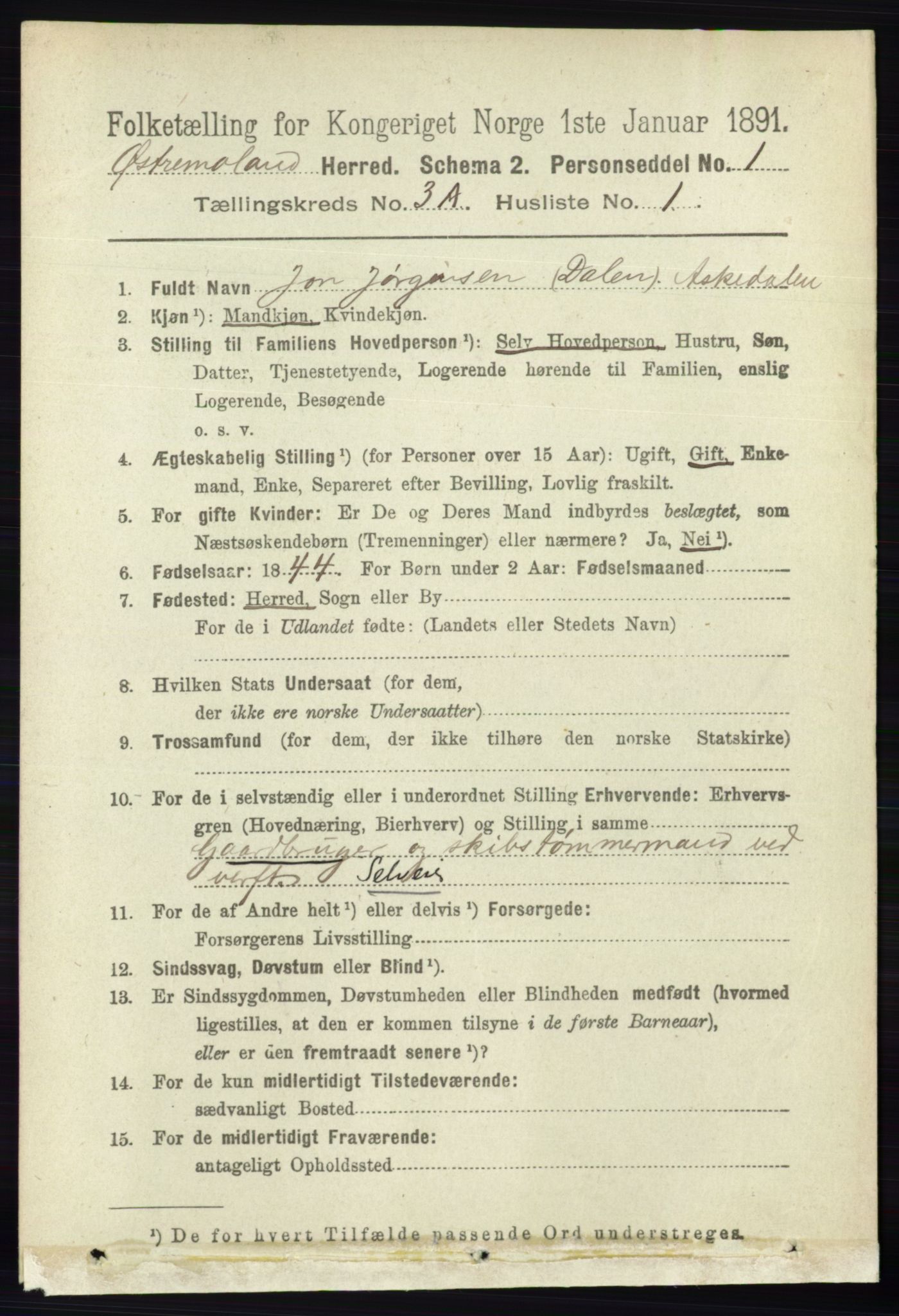 RA, 1891 census for 0918 Austre Moland, 1891, p. 1357