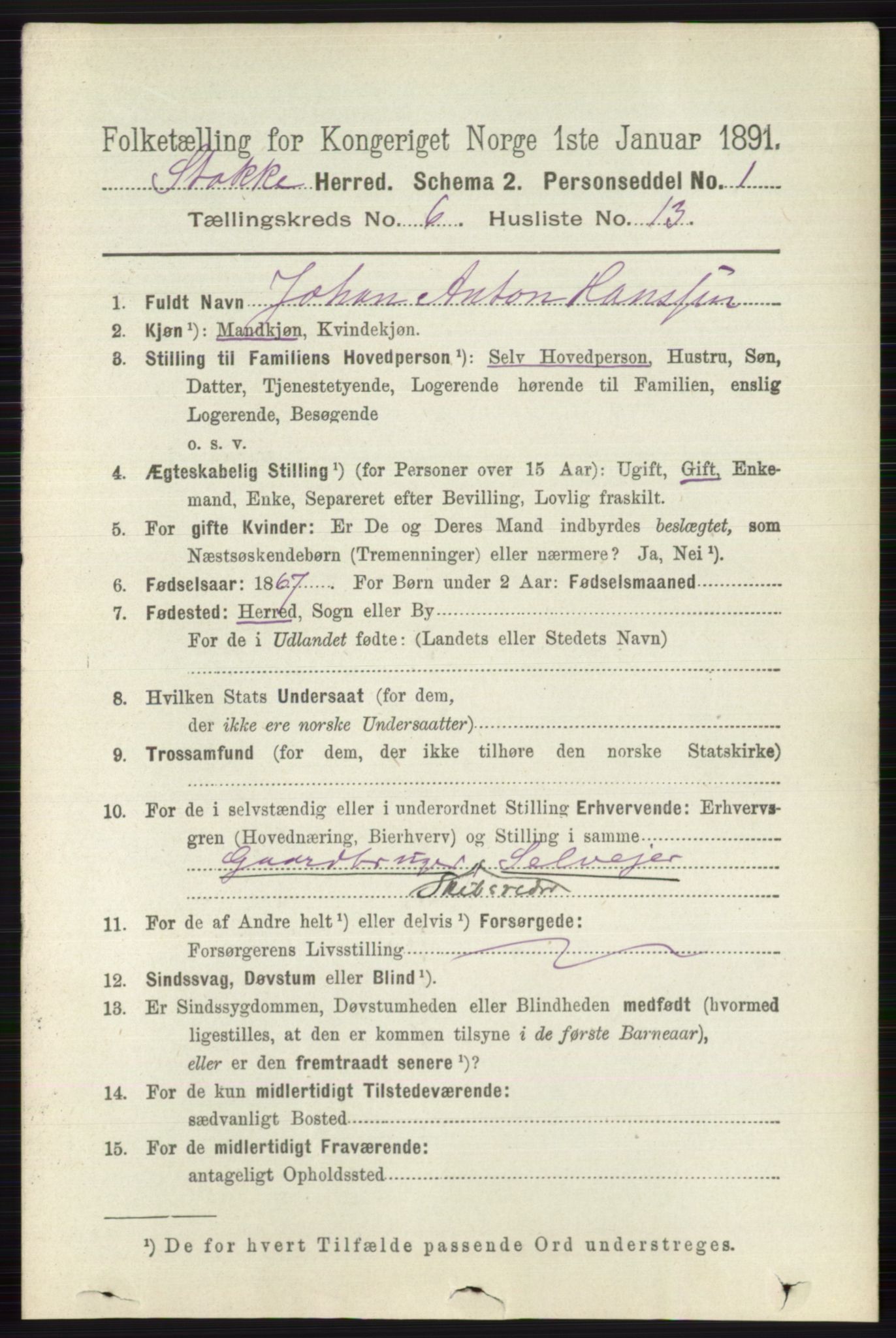 RA, 1891 census for 0720 Stokke, 1891, p. 3869