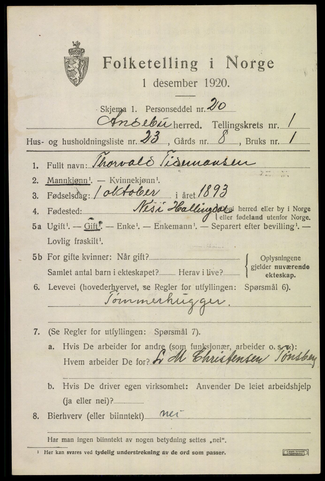 SAKO, 1920 census for Andebu, 1920, p. 1488