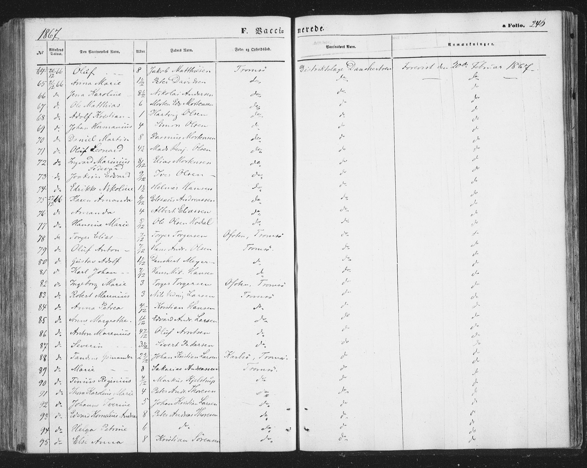 Tromsø sokneprestkontor/stiftsprosti/domprosti, AV/SATØ-S-1343/G/Ga/L0012kirke: Parish register (official) no. 12, 1865-1871, p. 246