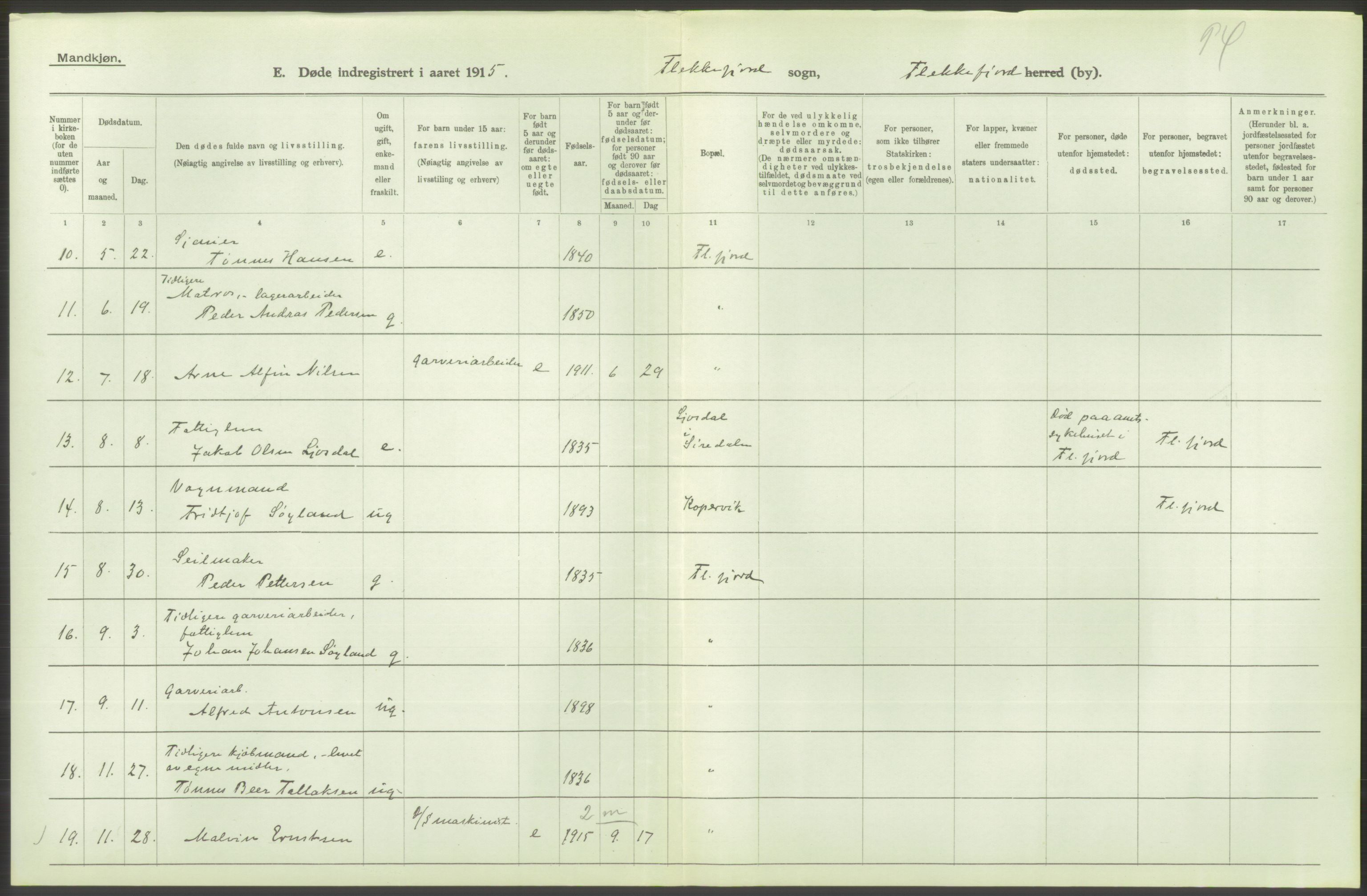 Statistisk sentralbyrå, Sosiodemografiske emner, Befolkning, AV/RA-S-2228/D/Df/Dfb/Dfbe/L0026: Lister og Mandals amt: Døde, dødfødte. Bygder og byer., 1915, p. 344