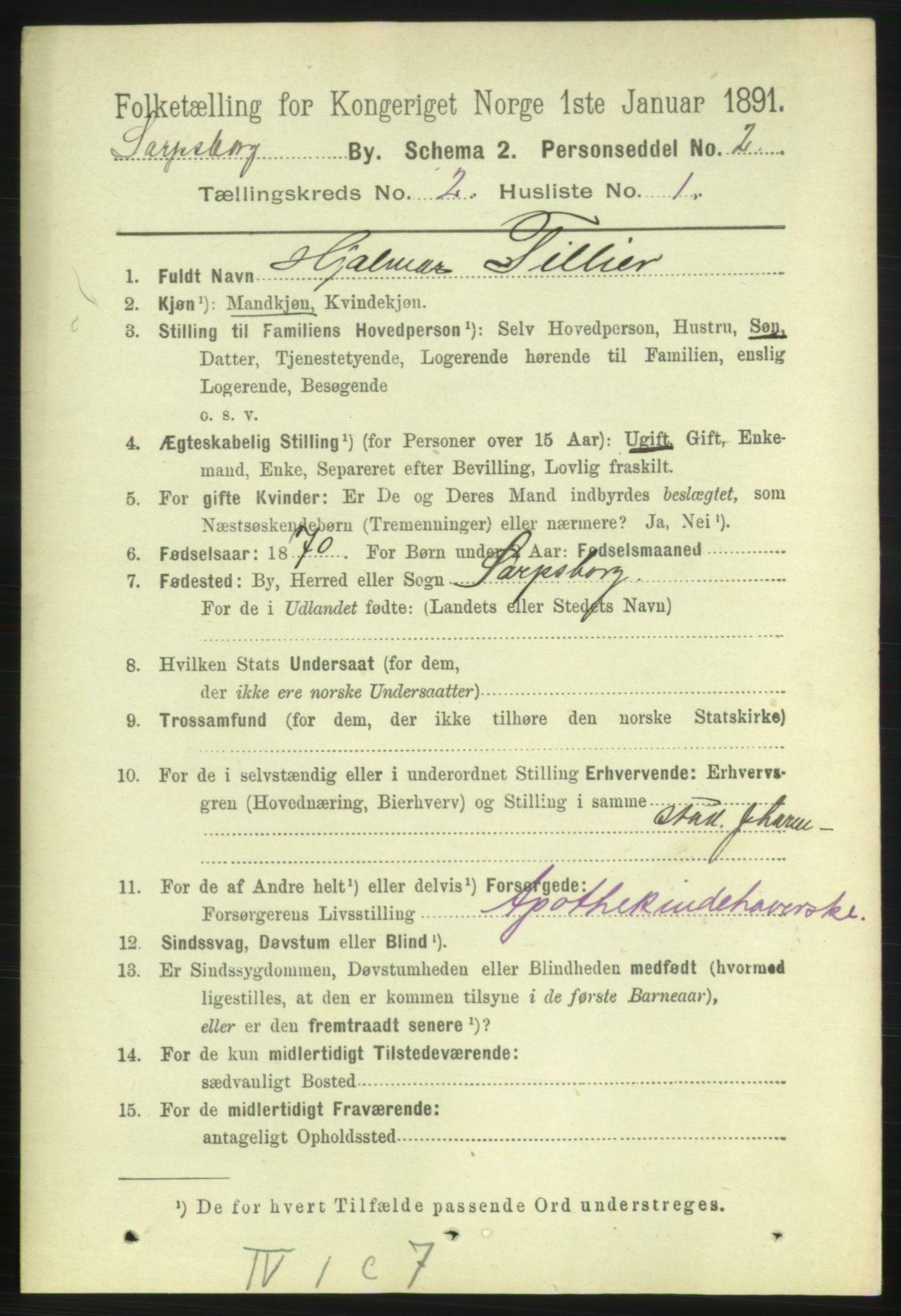 RA, 1891 census for 0102 Sarpsborg, 1891, p. 1263