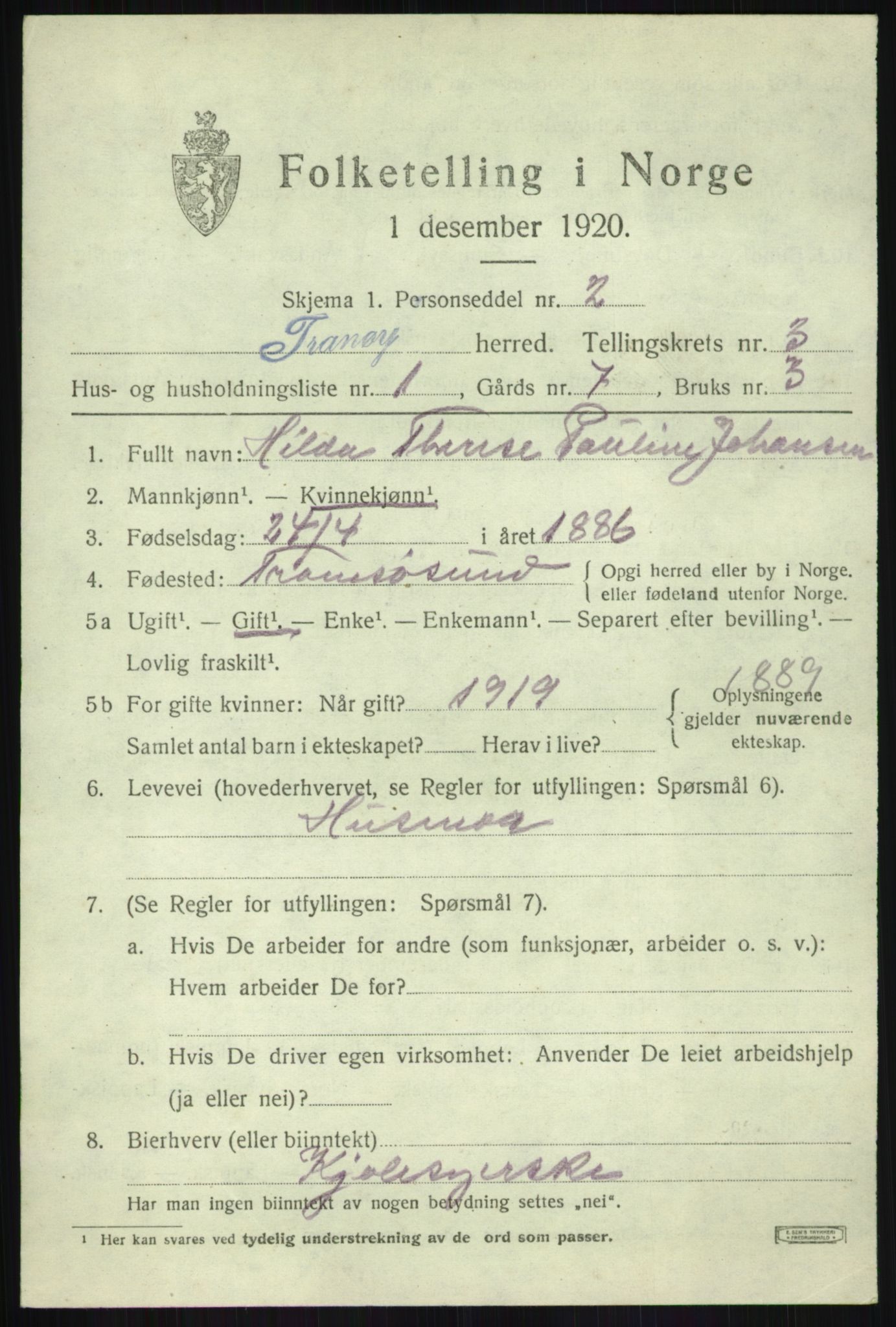 SATØ, 1920 census for Tranøy, 1920, p. 1567