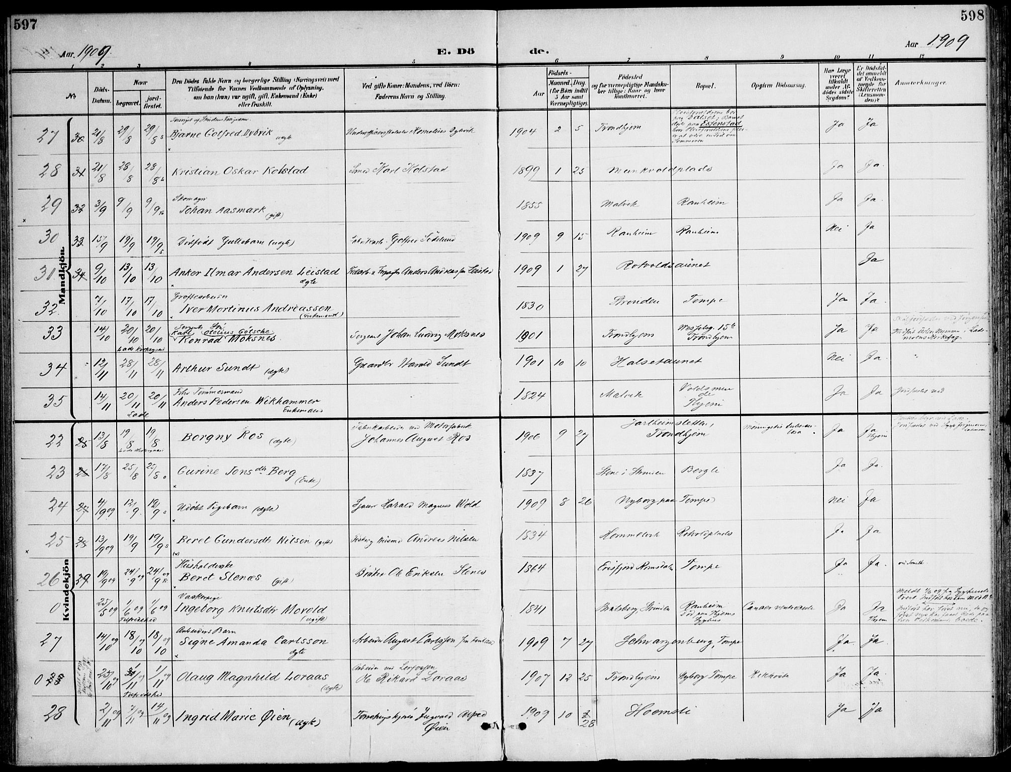 Ministerialprotokoller, klokkerbøker og fødselsregistre - Sør-Trøndelag, AV/SAT-A-1456/607/L0320: Parish register (official) no. 607A04, 1907-1915, p. 597-598