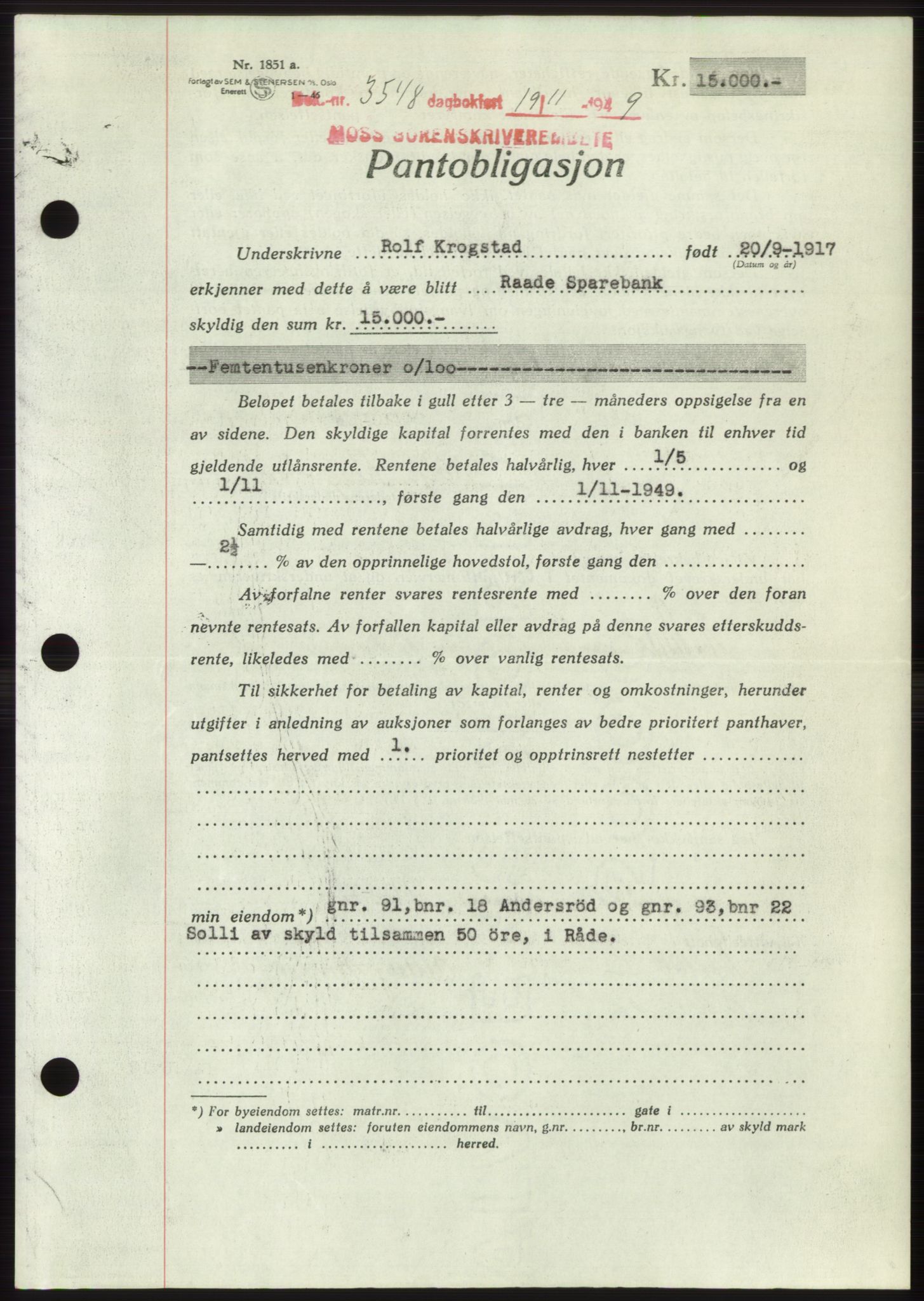 Moss sorenskriveri, SAO/A-10168: Mortgage book no. B23, 1949-1950, Diary no: : 3548/1949