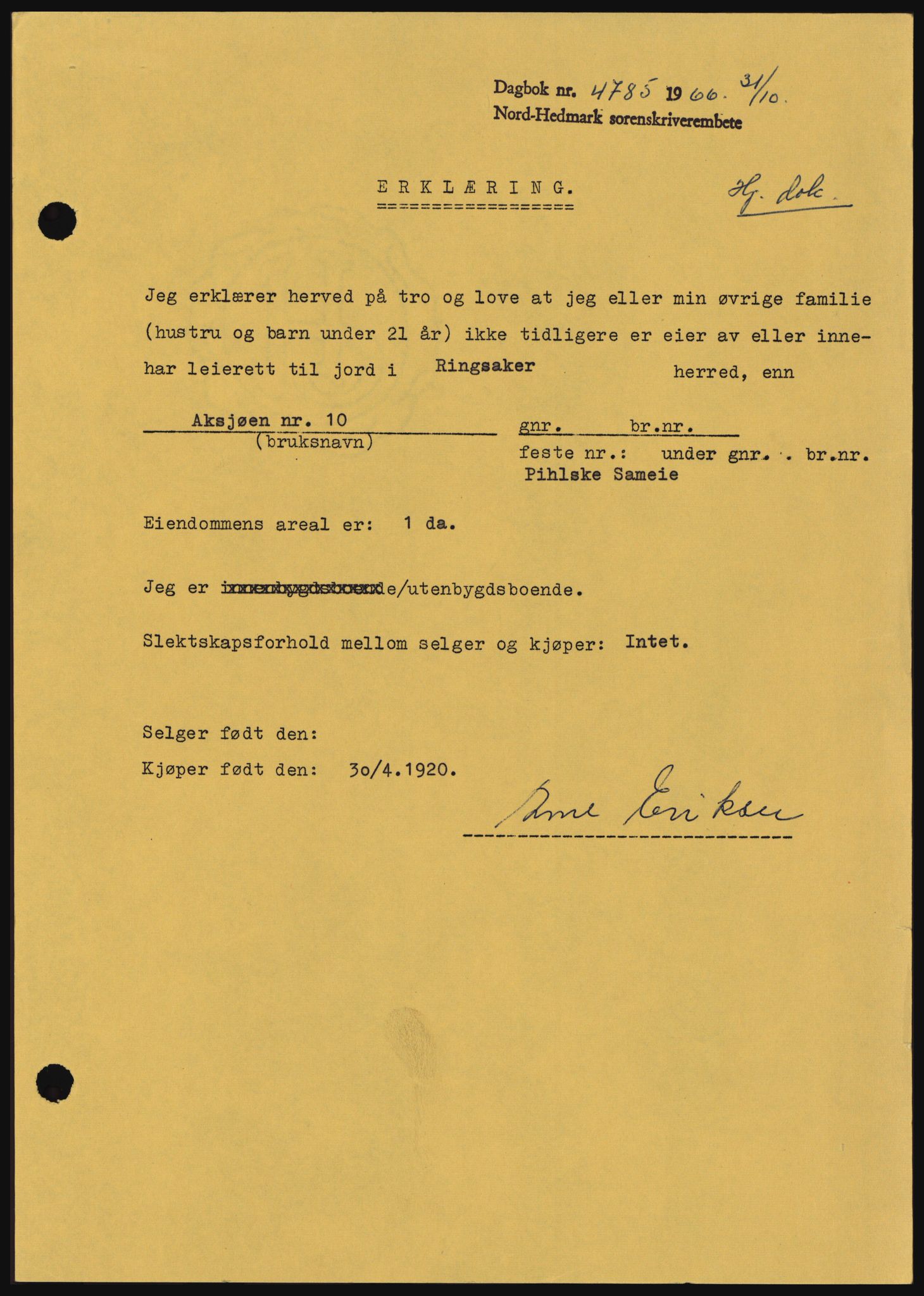 Nord-Hedmark sorenskriveri, SAH/TING-012/H/Hc/L0024: Mortgage book no. 24, 1966-1966, Diary no: : 4785/1966