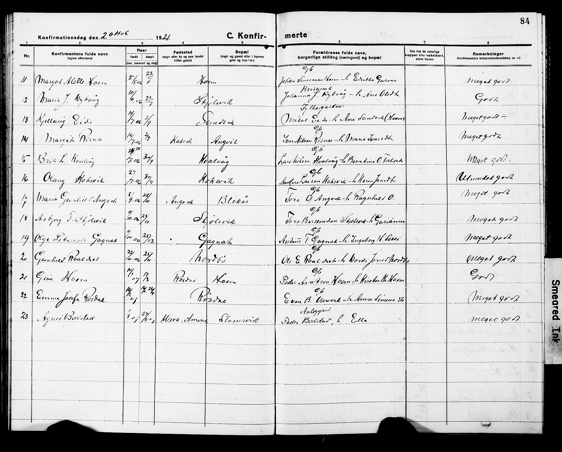 Ministerialprotokoller, klokkerbøker og fødselsregistre - Møre og Romsdal, AV/SAT-A-1454/586/L0994: Parish register (copy) no. 586C05, 1919-1927, p. 84