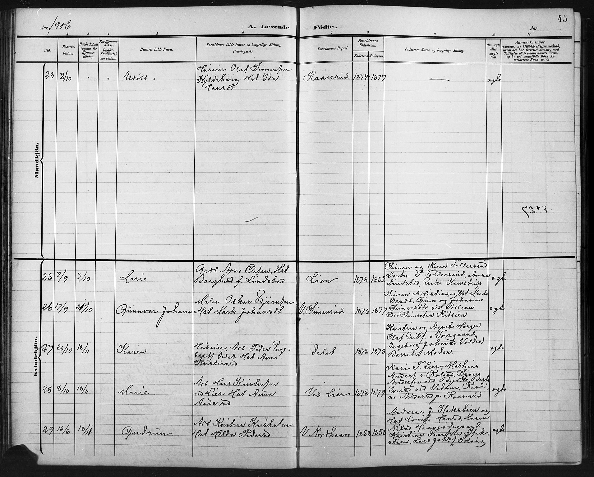 Fåberg prestekontor, AV/SAH-PREST-086/H/Ha/Hab/L0011: Parish register (copy) no. 11, 1901-1921, p. 45