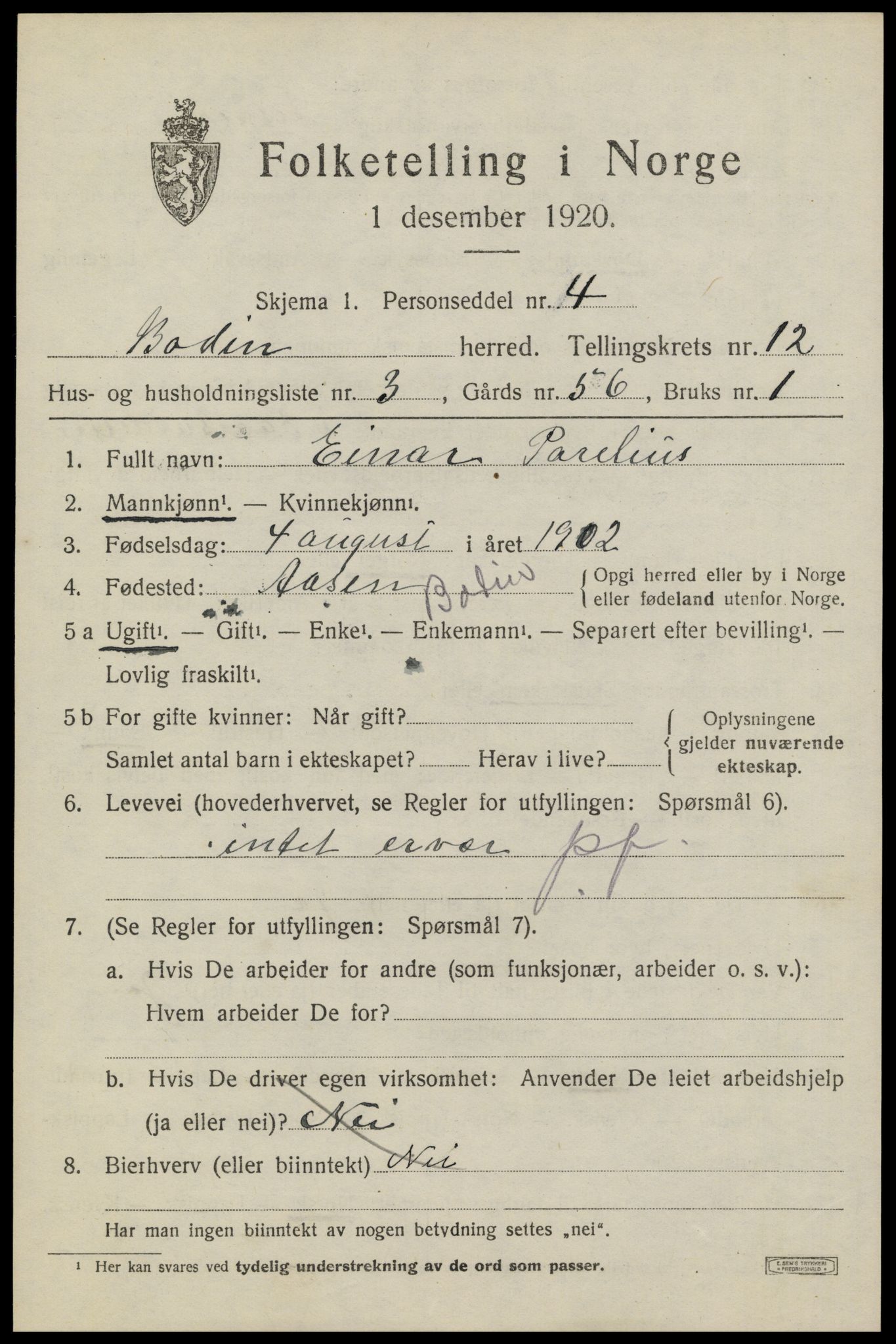 SAT, 1920 census for Bodin, 1920, p. 8454