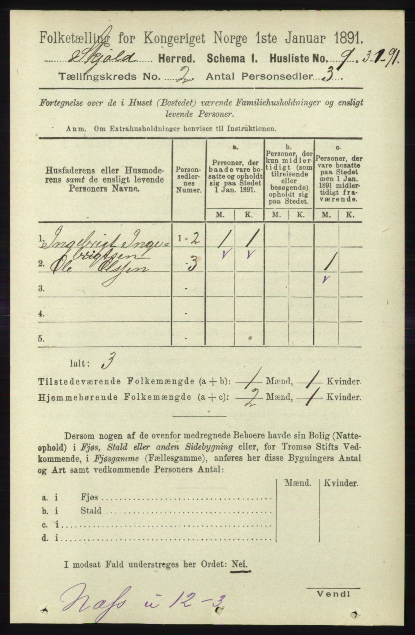 RA, 1891 census for 1154 Skjold, 1891, p. 273