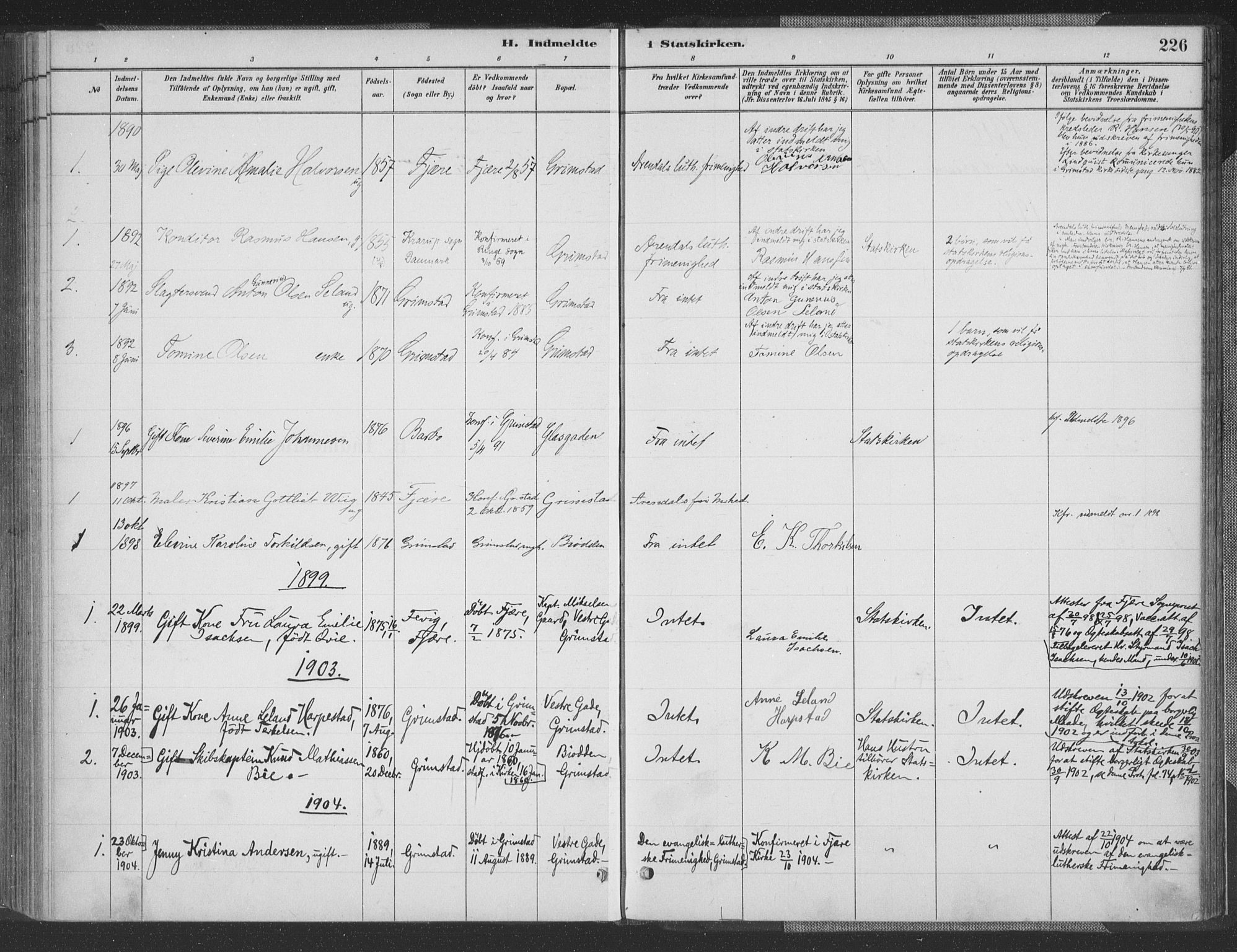 Grimstad sokneprestkontor, SAK/1111-0017/F/Fa/L0004: Parish register (official) no. A 3, 1882-1910, p. 226