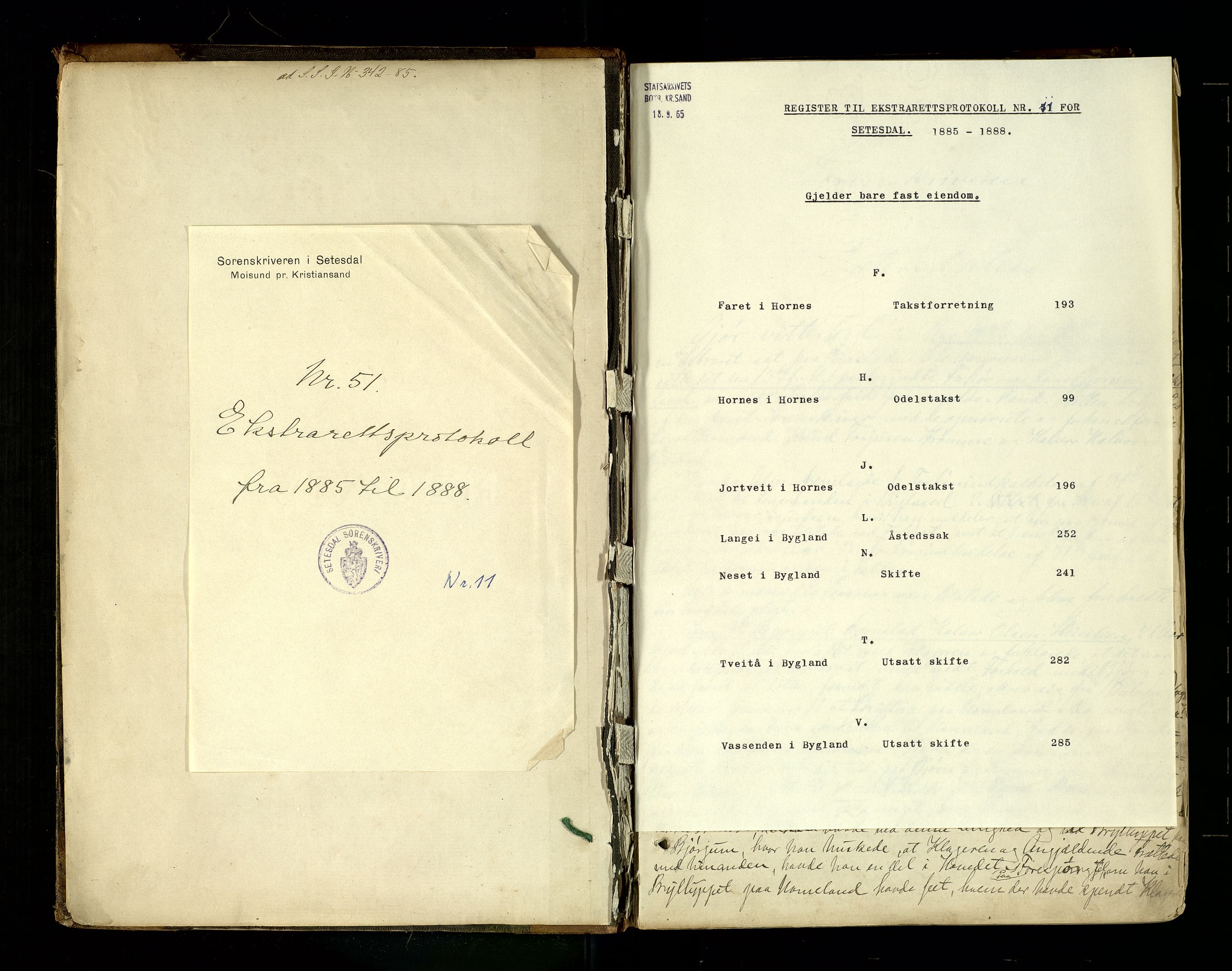 Setesdal sorenskriveri, SAK/1221-0011/F/Fb/L0011: Ekstrarettsprotokoll nr 11, 1885-1888
