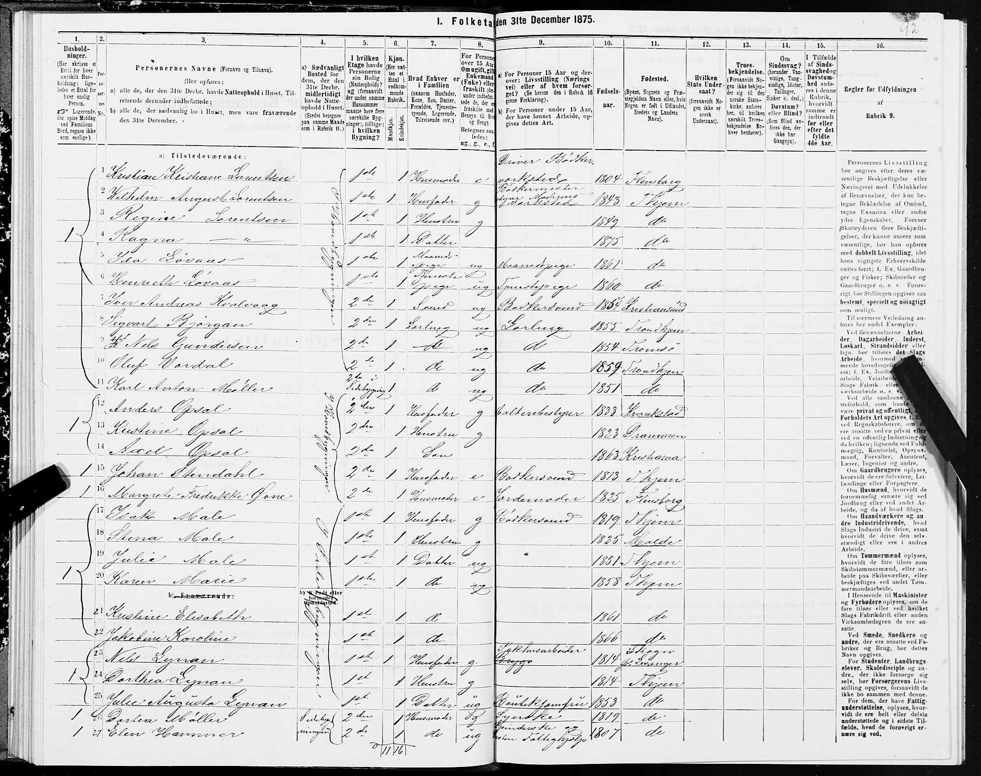 SAT, 1875 census for 1601 Trondheim, 1875, p. 7092