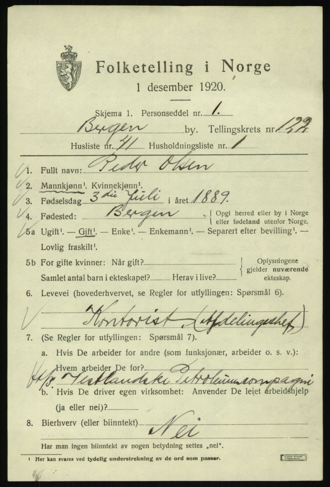 SAB, 1920 census for Bergen, 1920, p. 206534
