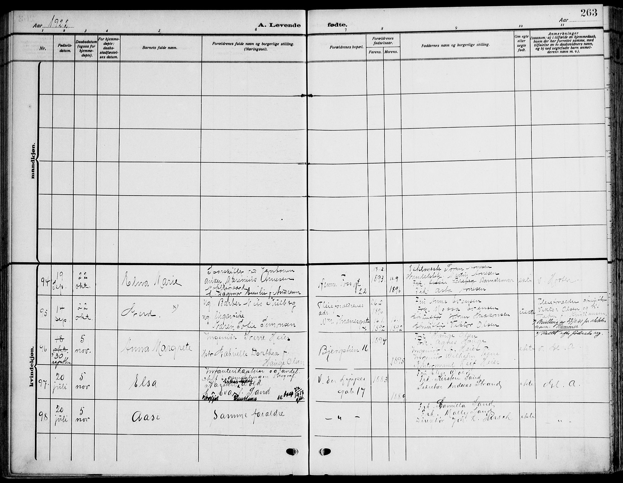 Gamle Aker prestekontor Kirkebøker, SAO/A-10617a/F/L0014: Parish register (official) no. 14, 1909-1924, p. 263