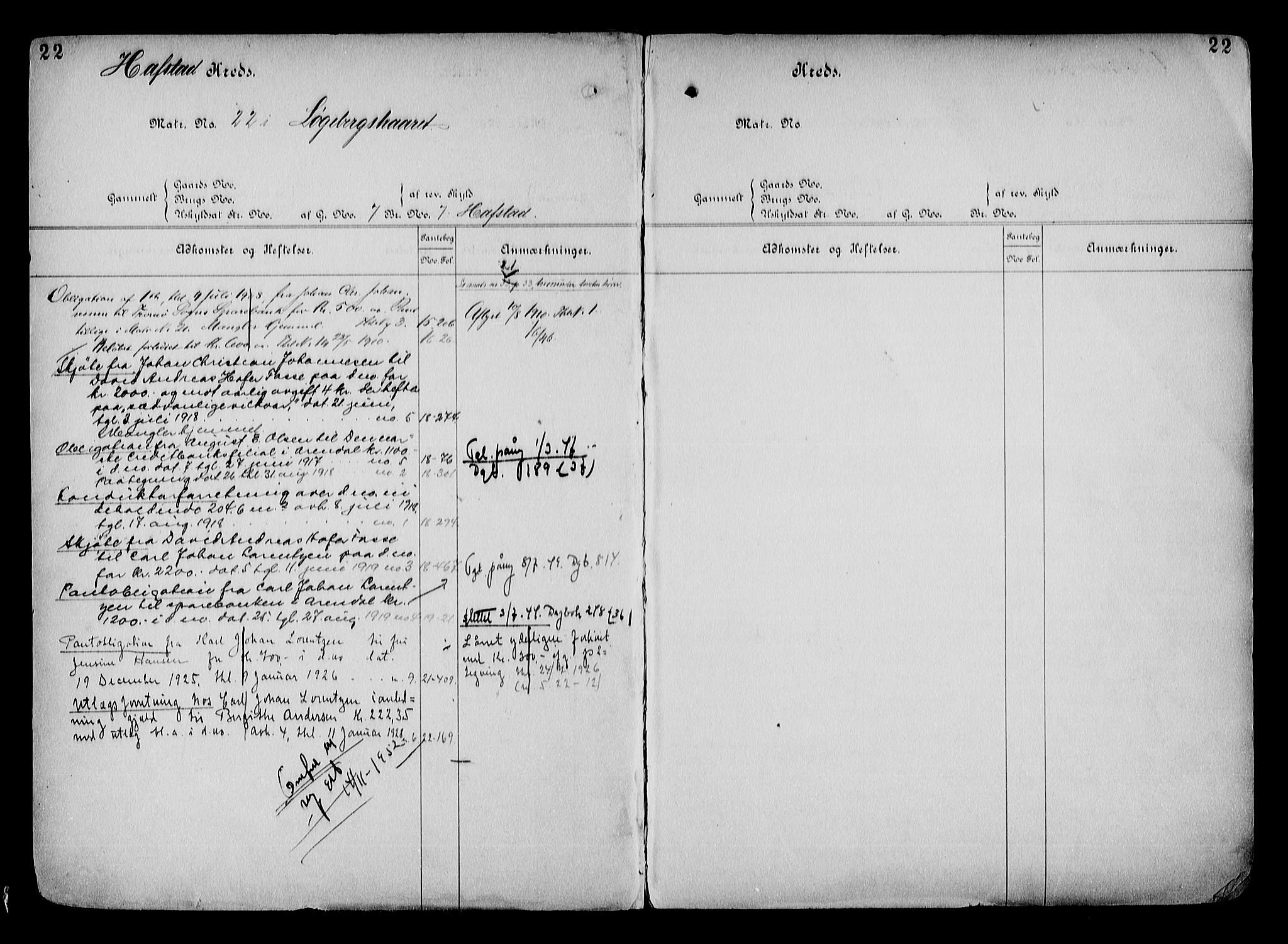 Arendal byfogd, AV/SAK-1222-0001/G/Ga/L0015: Mortgage register no. 13, 1860-1960, p. 22