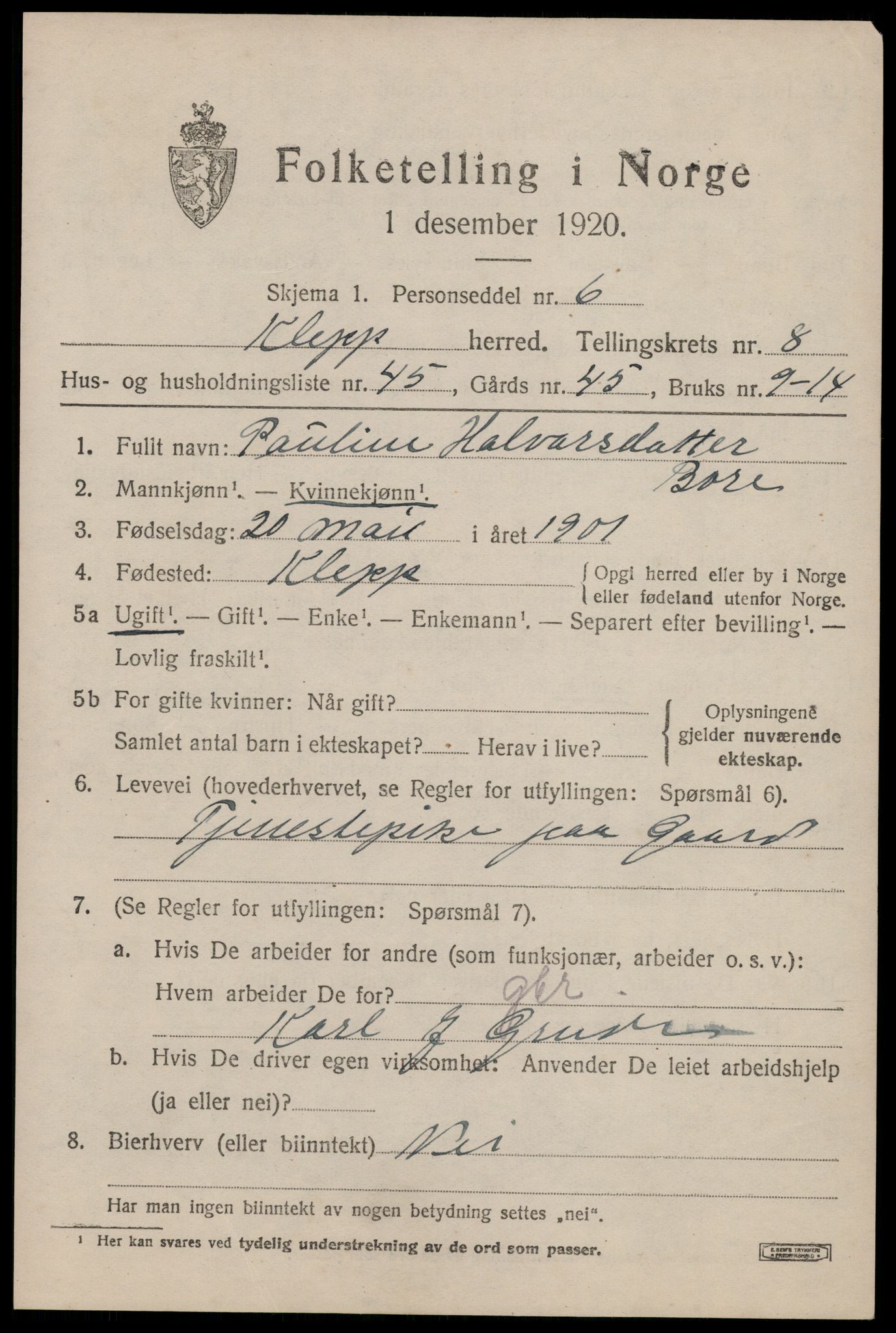 SAST, 1920 census for Klepp, 1920, p. 7554
