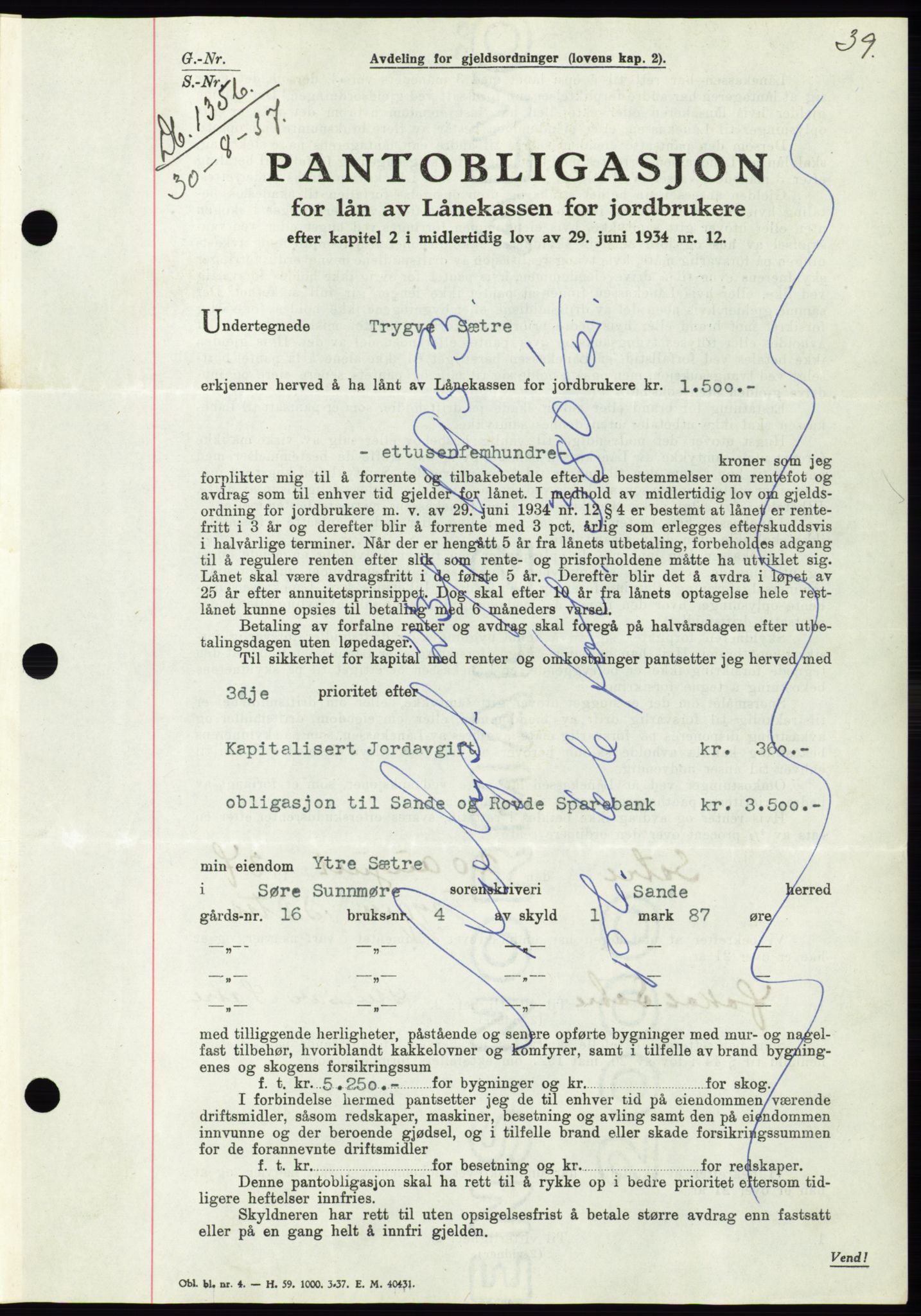 Søre Sunnmøre sorenskriveri, AV/SAT-A-4122/1/2/2C/L0064: Mortgage book no. 58, 1937-1938, Diary no: : 1356/1937