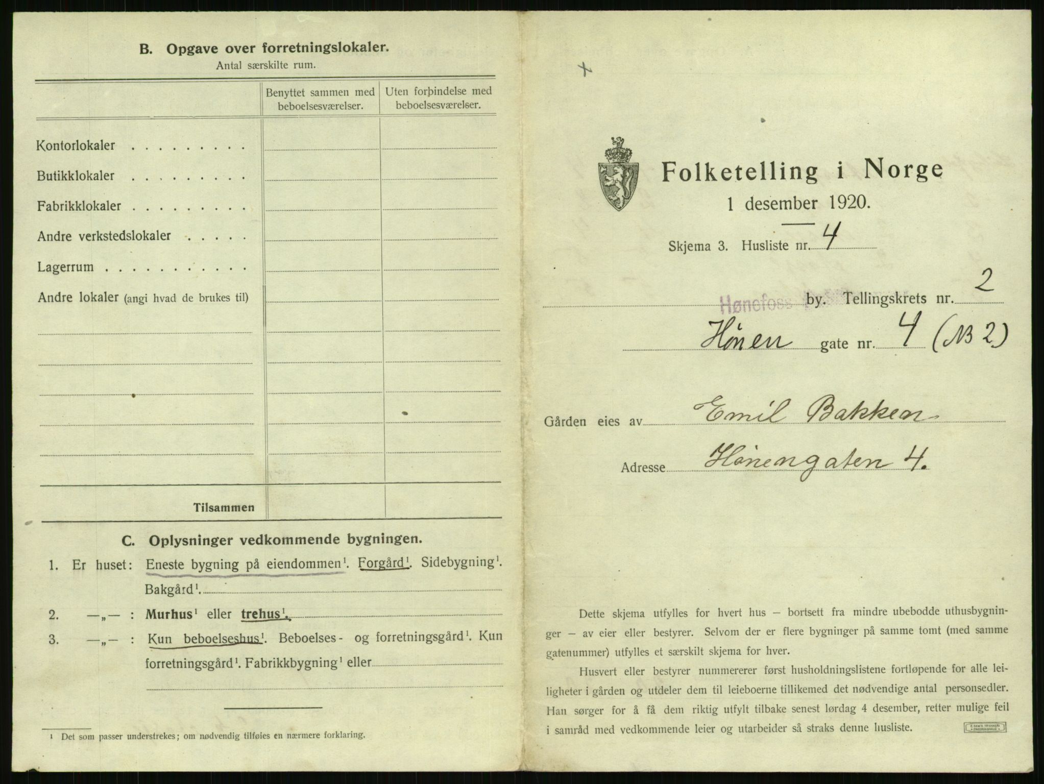 SAKO, 1920 census for Hønefoss, 1920, p. 238