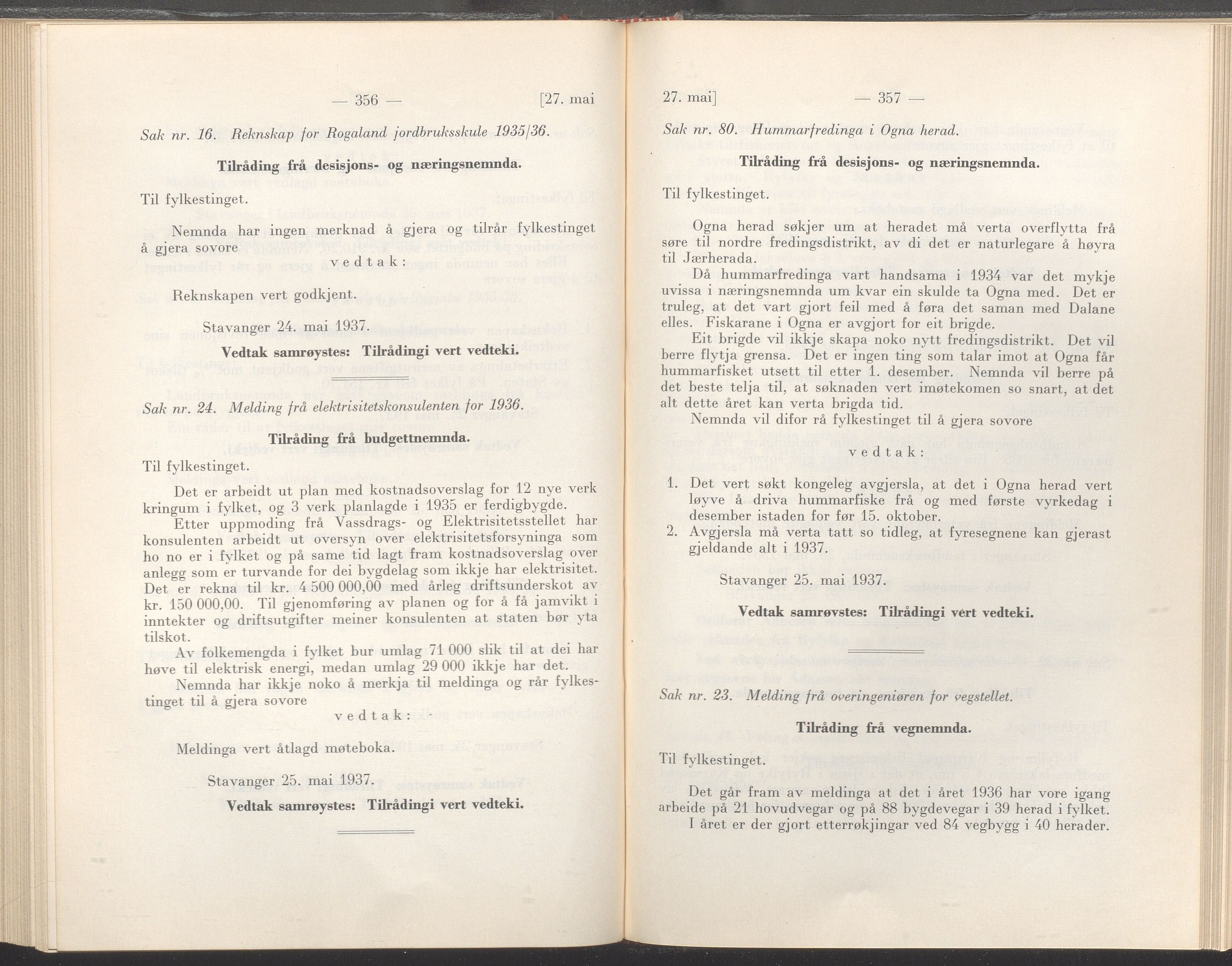 Rogaland fylkeskommune - Fylkesrådmannen , IKAR/A-900/A/Aa/Aaa/L0056: Møtebok , 1937, p. 356-357