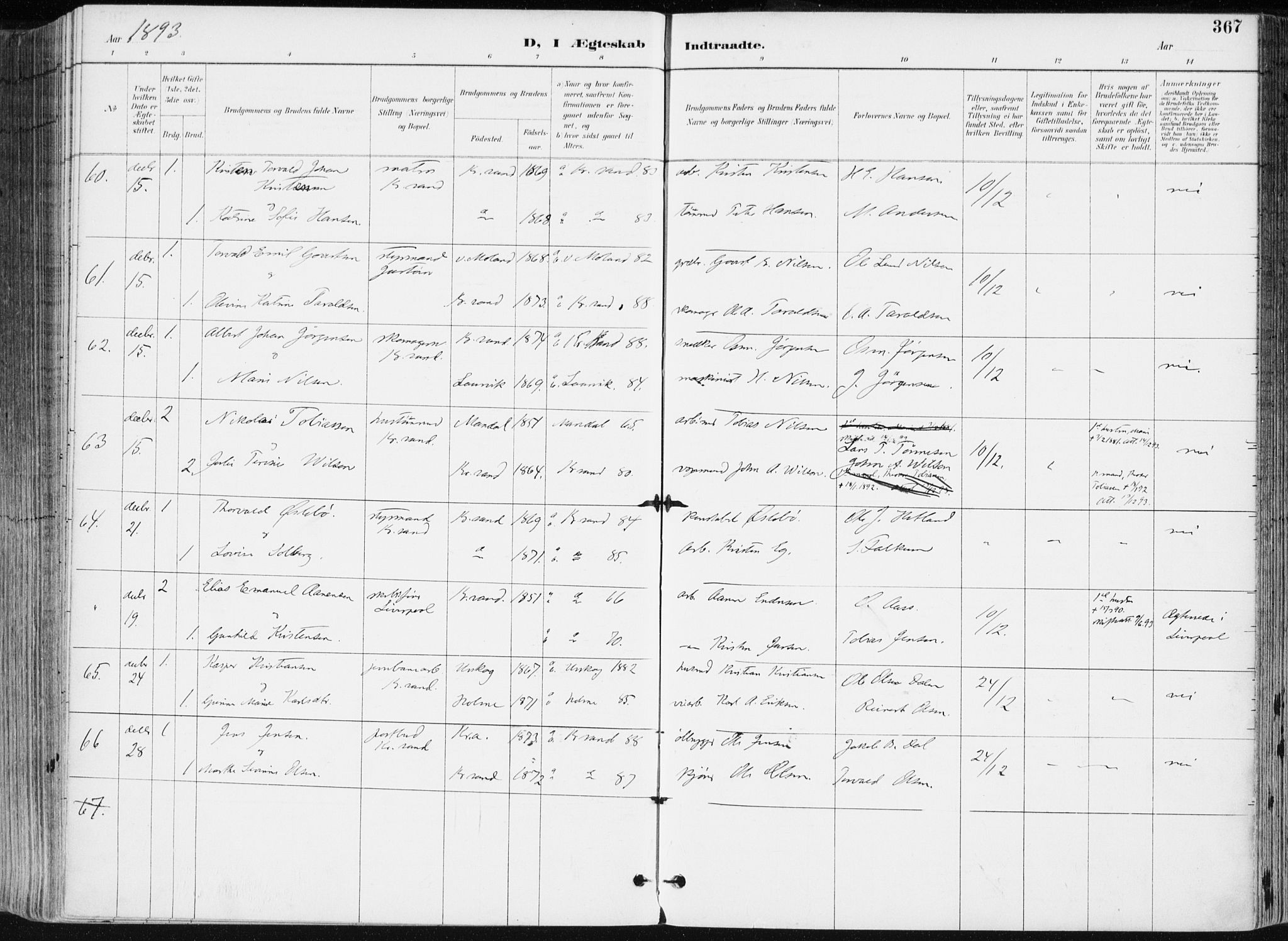 Kristiansand domprosti, SAK/1112-0006/F/Fa/L0019: Parish register (official) no. A 18, 1890-1897, p. 367