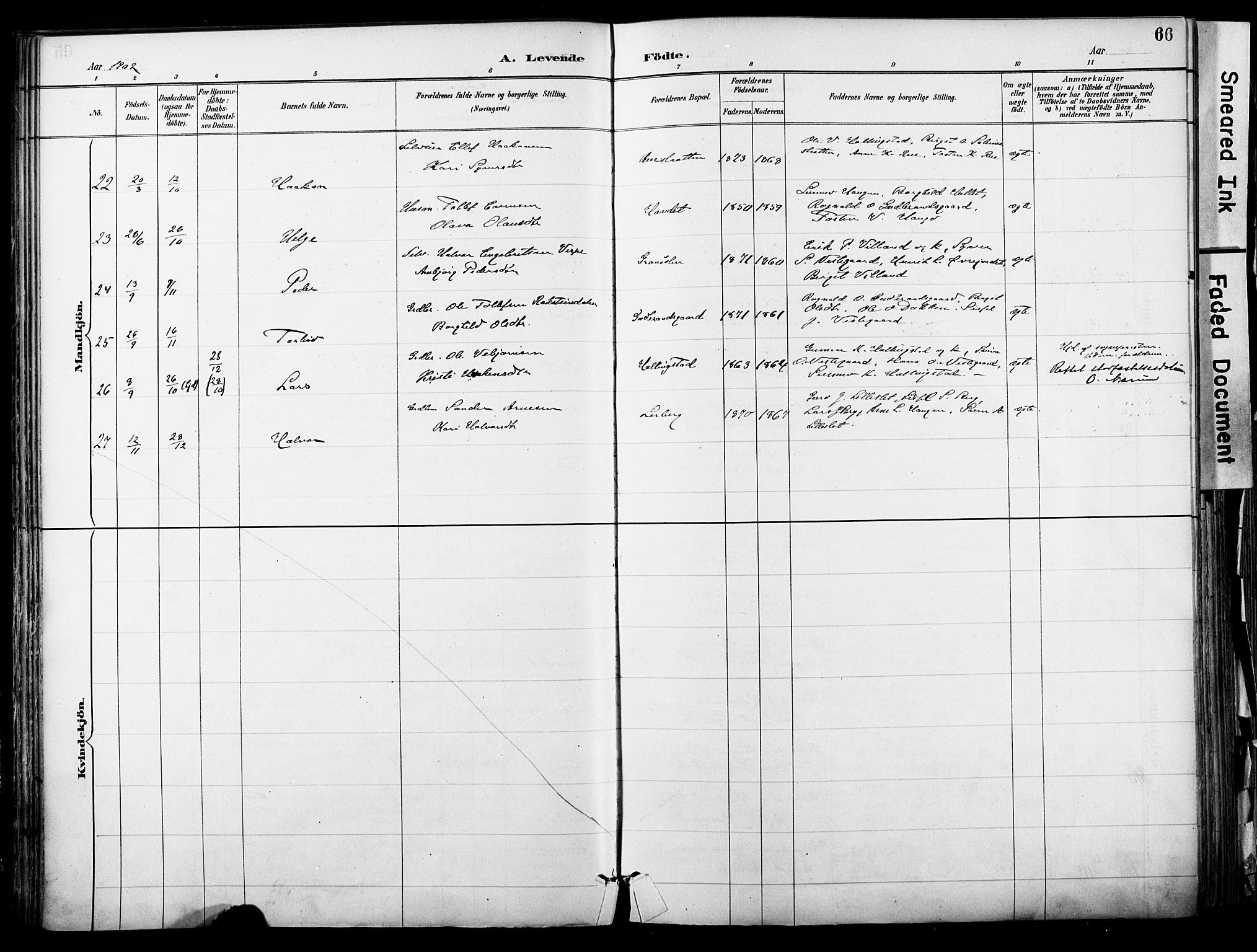 Hol kirkebøker, SAKO/A-227/F/Fa/L0003: Parish register (official) no. I 3, 1887-1918, p. 66