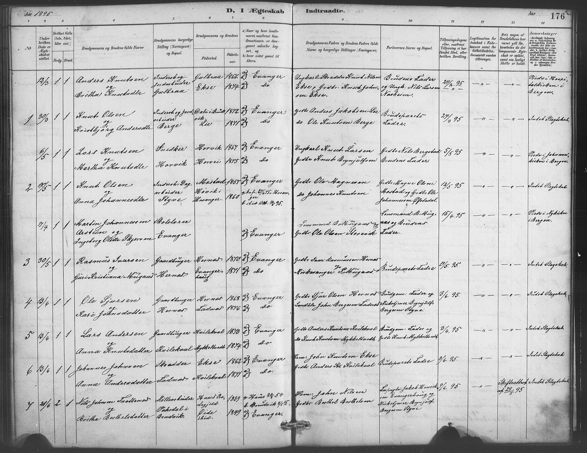 Evanger sokneprestembete, SAB/A-99924: Parish register (copy) no. A 4, 1887-1897, p. 176