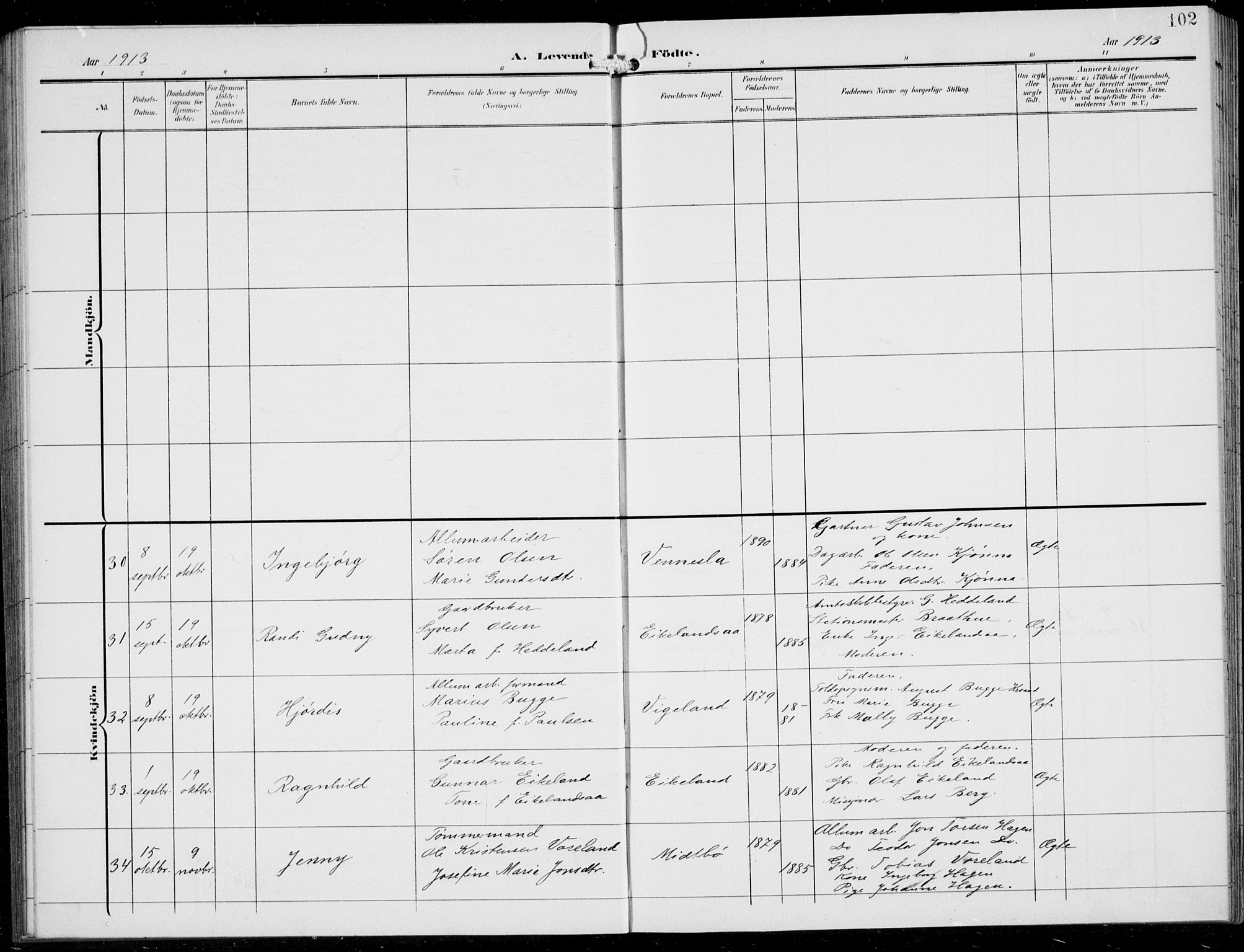 Vennesla sokneprestkontor, AV/SAK-1111-0045/Fb/Fbb/L0005: Parish register (copy) no. B 5, 1903-1913, p. 102