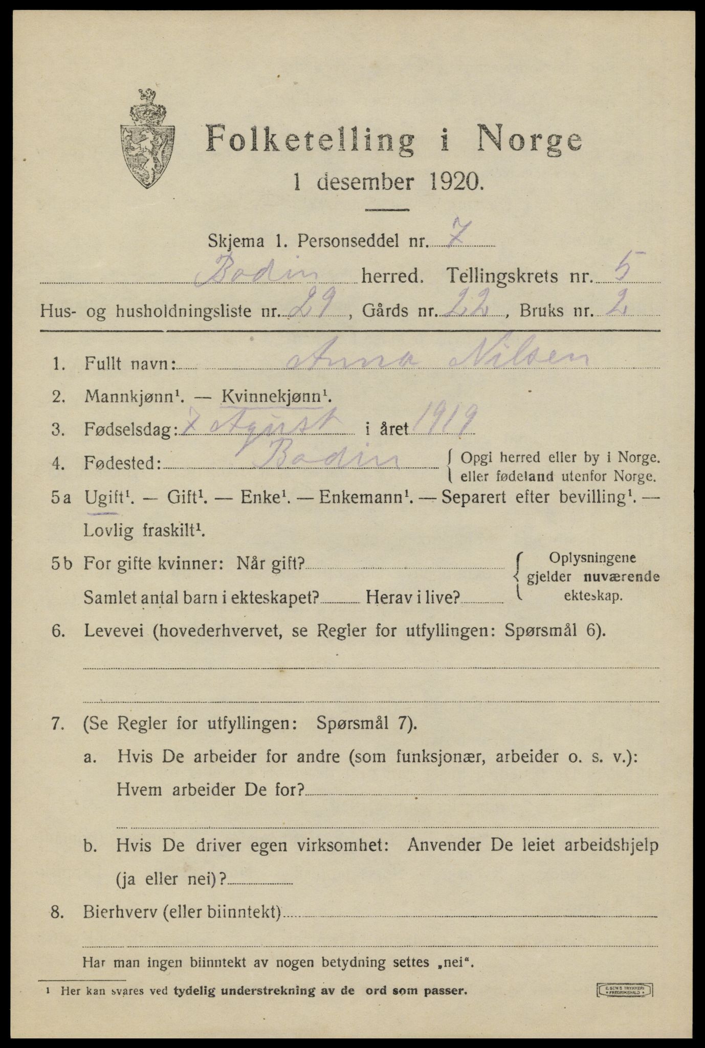 SAT, 1920 census for Bodin, 1920, p. 3286