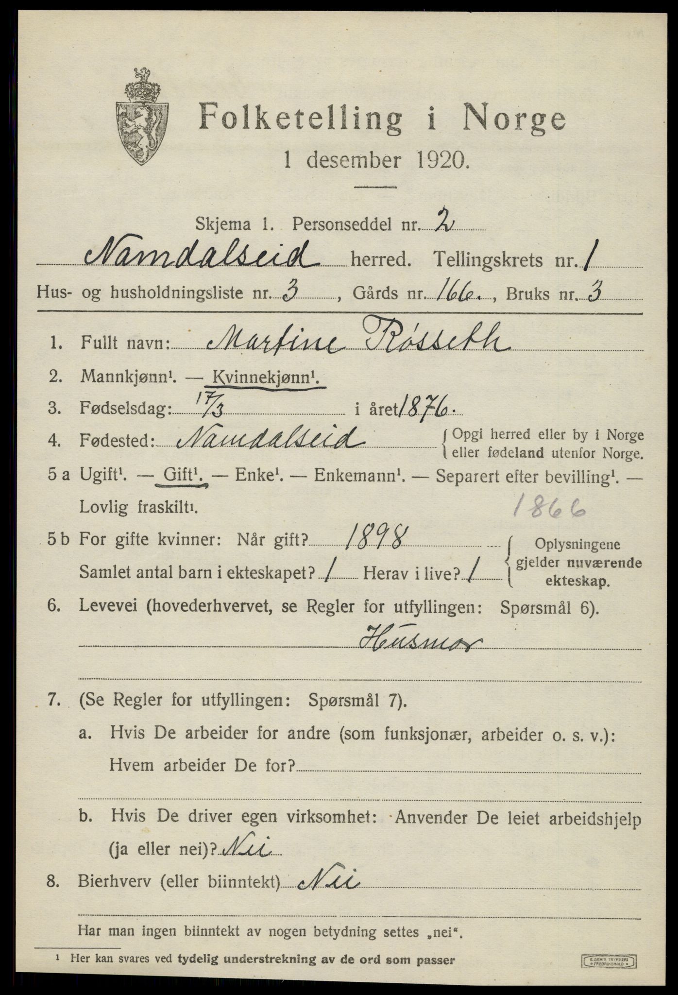 SAT, 1920 census for Namdalseid, 1920, p. 536